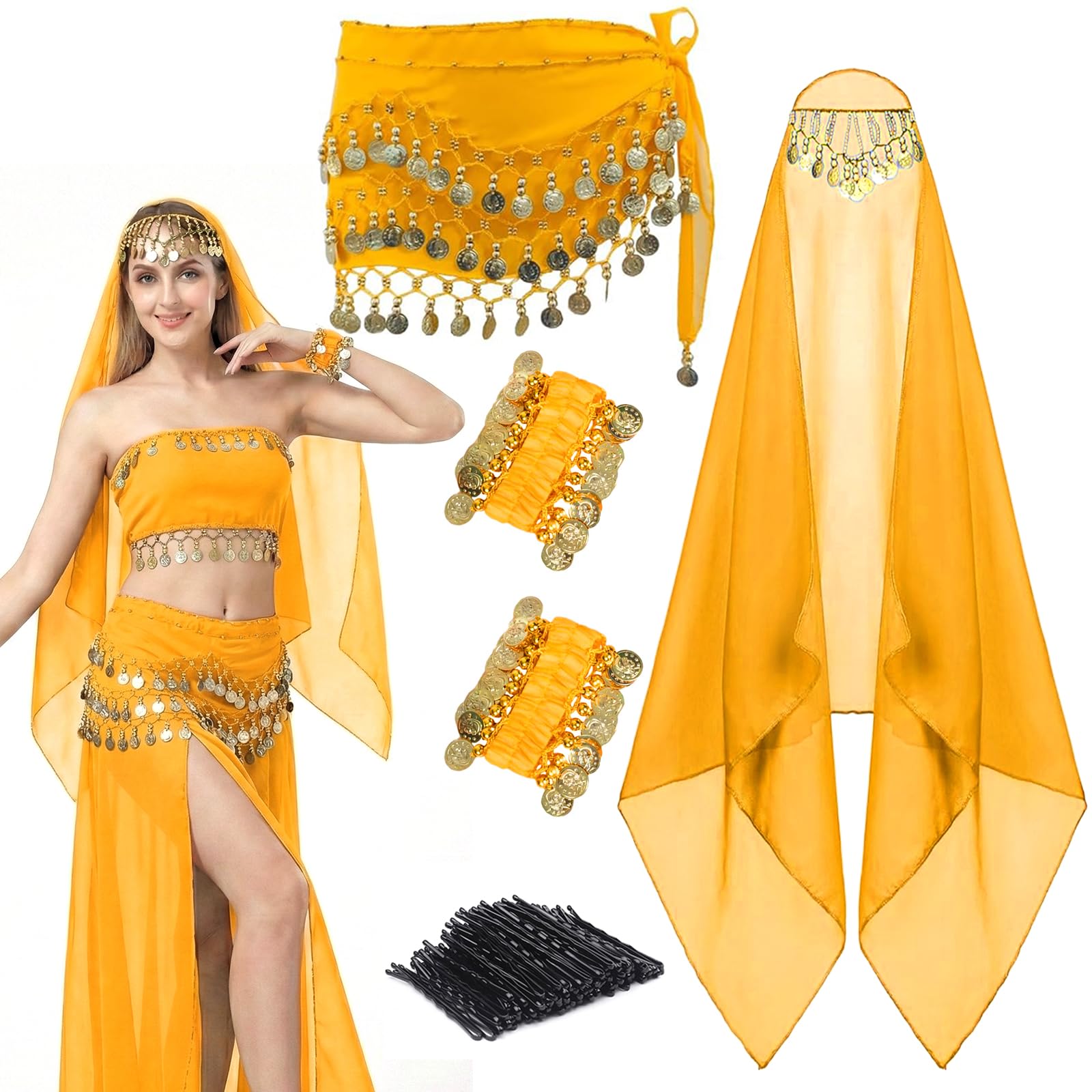 GANZHOUYILAN 4 Pcs Belly Dance Hip Scarf Sets, Belly Dance Skirt & Head Scarf with Coins, 2 Coin Wrist Bracelet 50 Bobby Pins