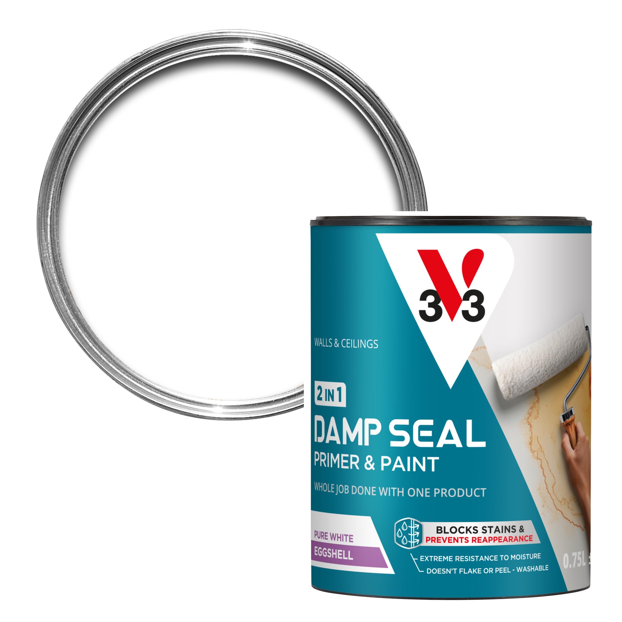 V33 Pintura Damp Seal 2 en 1 para paredes y techos, cáscara de huevo blanca