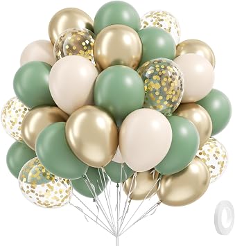 Sage green Balloons, 12inch Sage green Sand White Metallic Gold Confetti Balloons for Boho Birthday Wedding Bridal Baby Shower Engagement Party Decorations