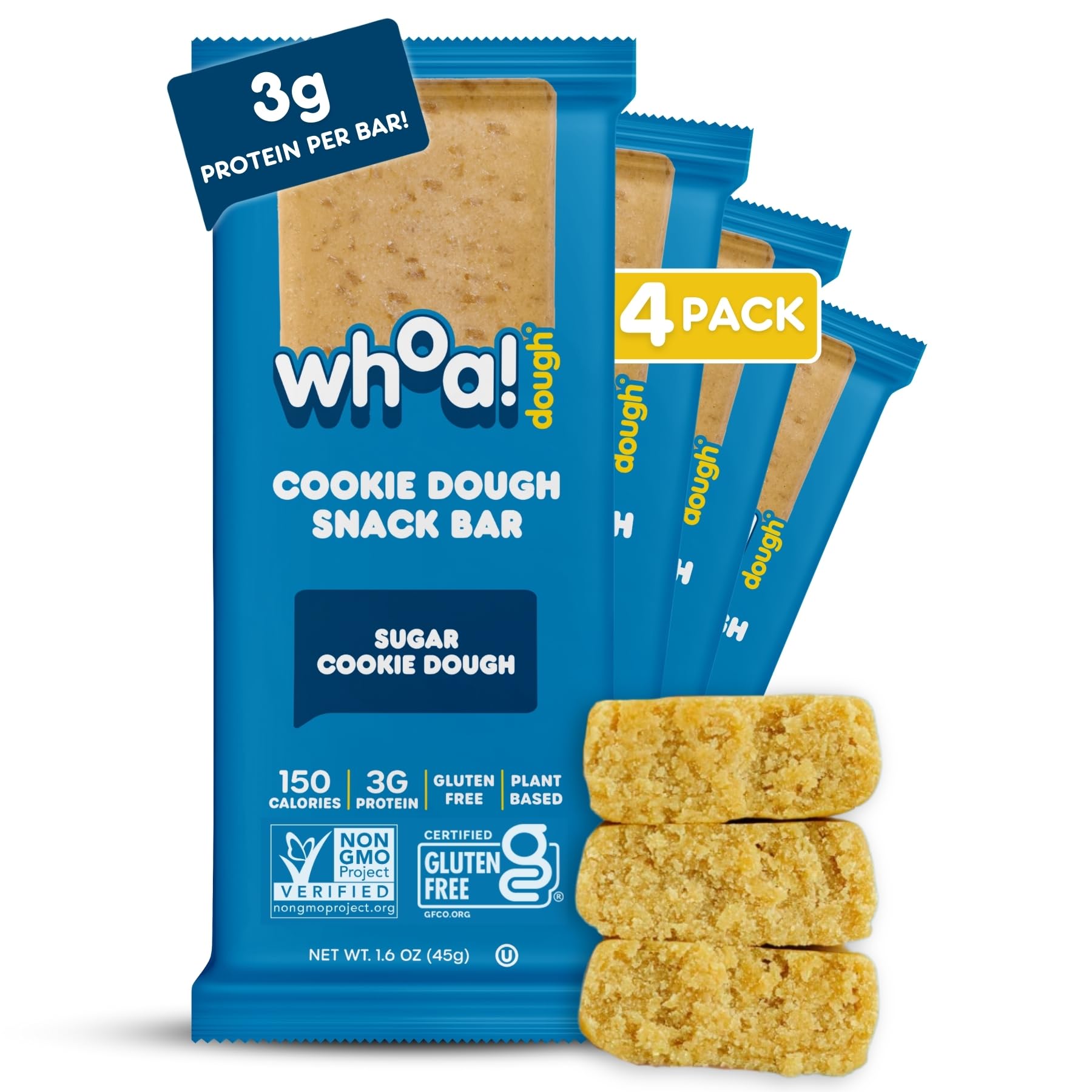 Whoa Dough Edible Cookie Dough Bars- Certified Non-GMO, Kosher and Gluten Free Bars - Healthy Snack Foods - Plant Based Snacks Made With Real Ingredients - Sugar Cookie Dough - 4 Pack