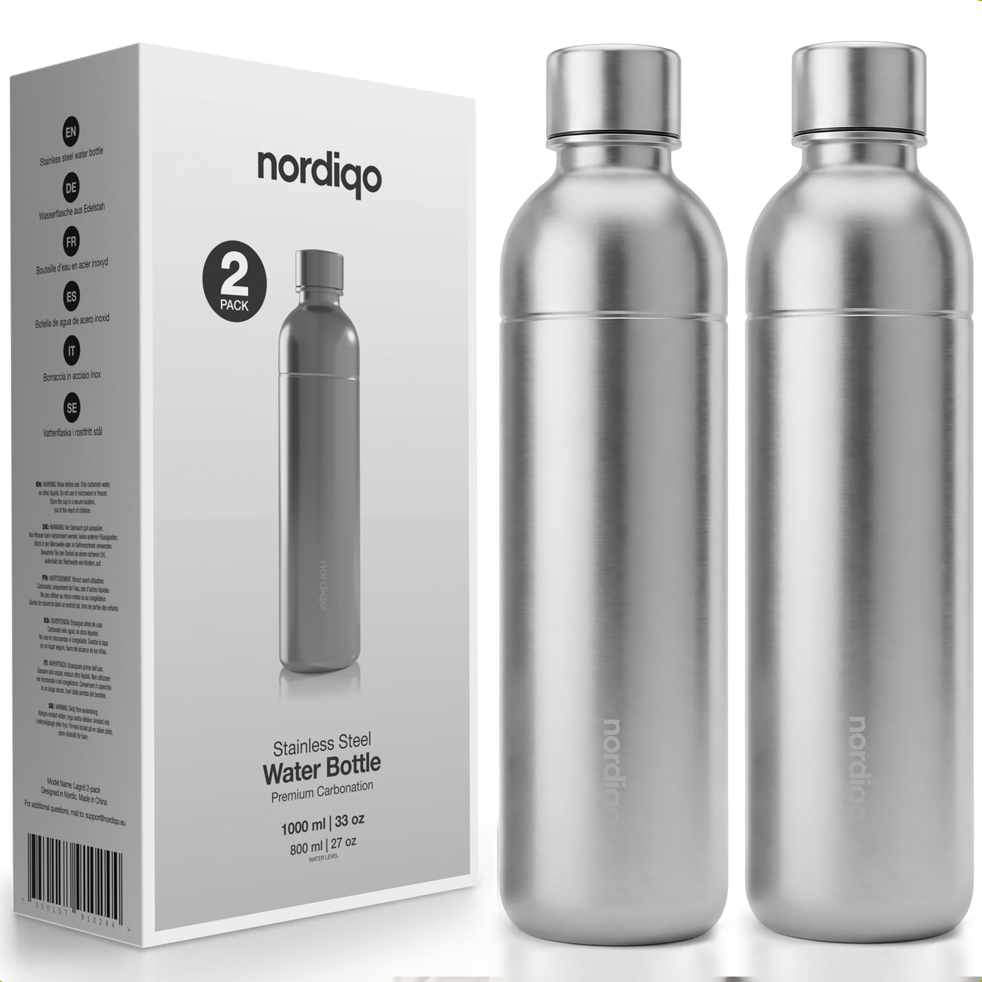 Nordiqo Premium 33 oz Stainless Steel Bottle | Compatible with Aarke Carbonator 3, SodaStream Duo & Plastic Bottle | No Expiry | Plastic-Free | 2x