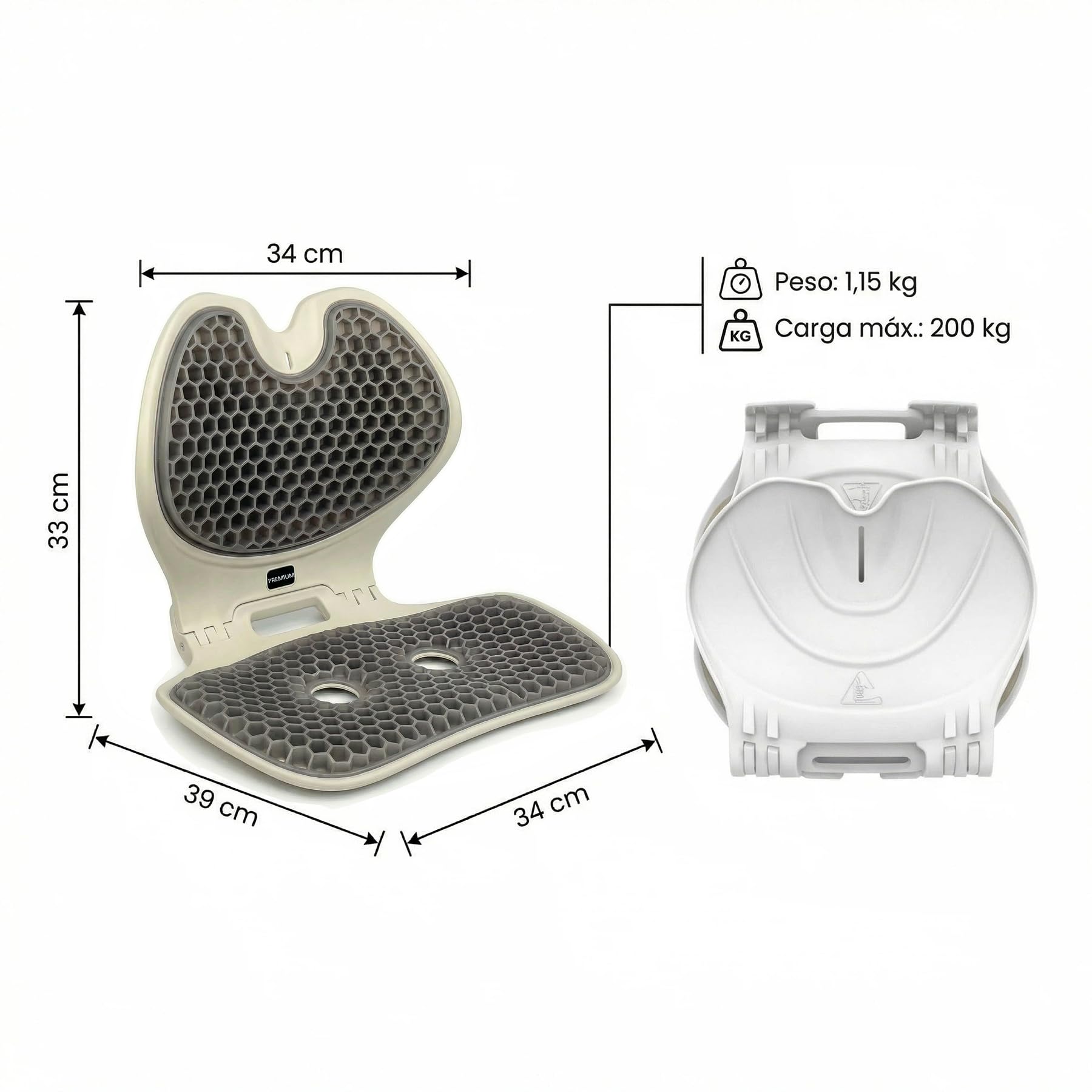Asiento Plegable con Respaldo Premium 200 kg · Soporte Integrado y Base Estable · Ligero y Portátil 1,15 kg · Espuma o Gel · Ideal para Bancos, Gradas y Exterior (Gel Panel de Abeja, Gris)