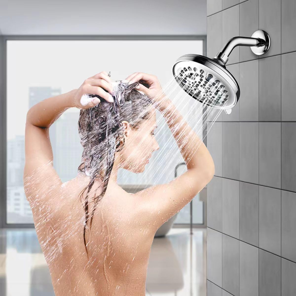 Low Flow High Pressure Replacement Shower Head Screw on,Durable Copper 5.5 Inch Fixed Showerhead with 9 Spray Modes,Only Detachable Showerhead 360°Rotating Shower Head for Relaxing,Comfortable Shower