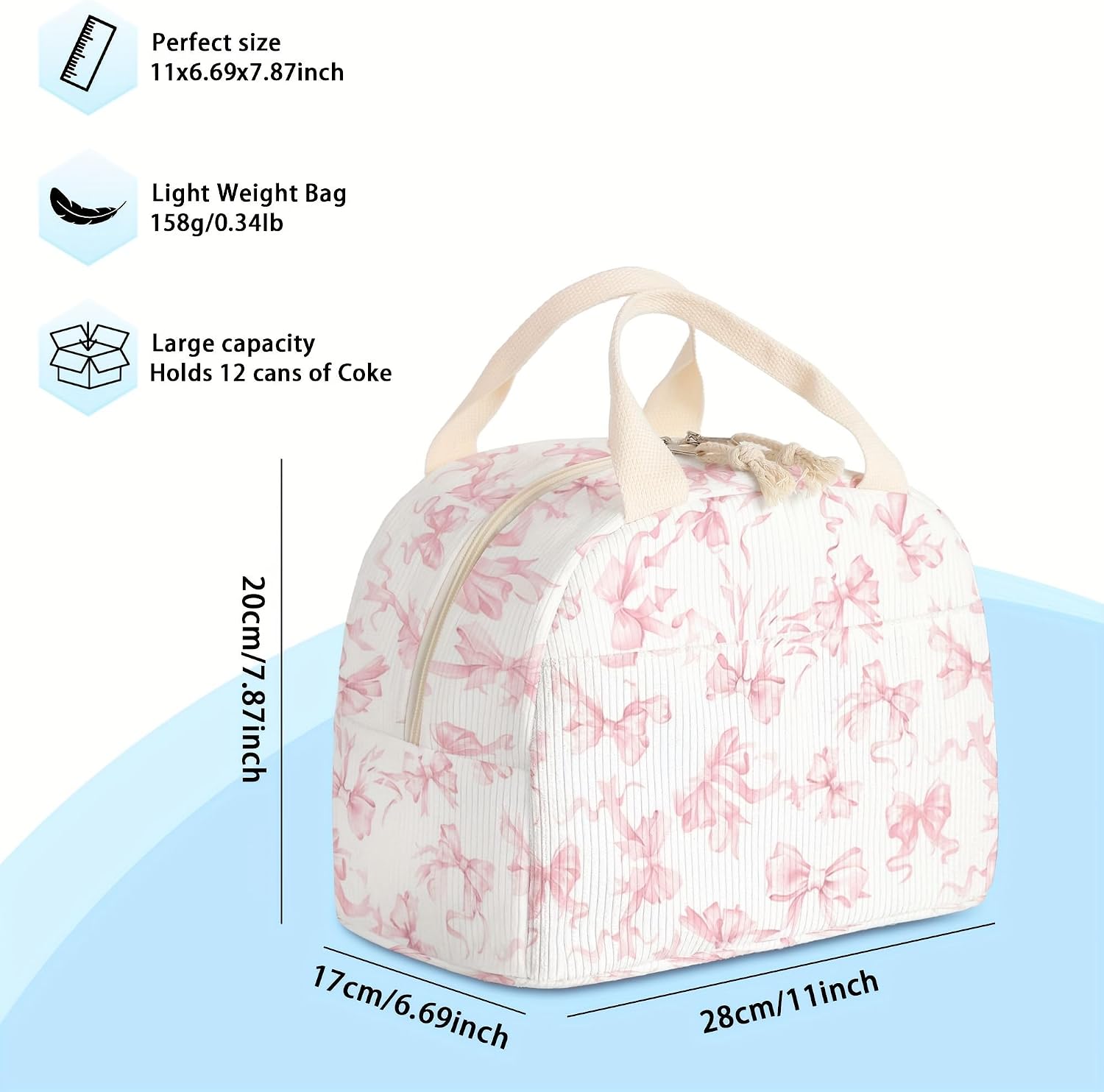Lunch Box for Girls,Corduroy Lunch Bag for Women (Pink Bow) image 2