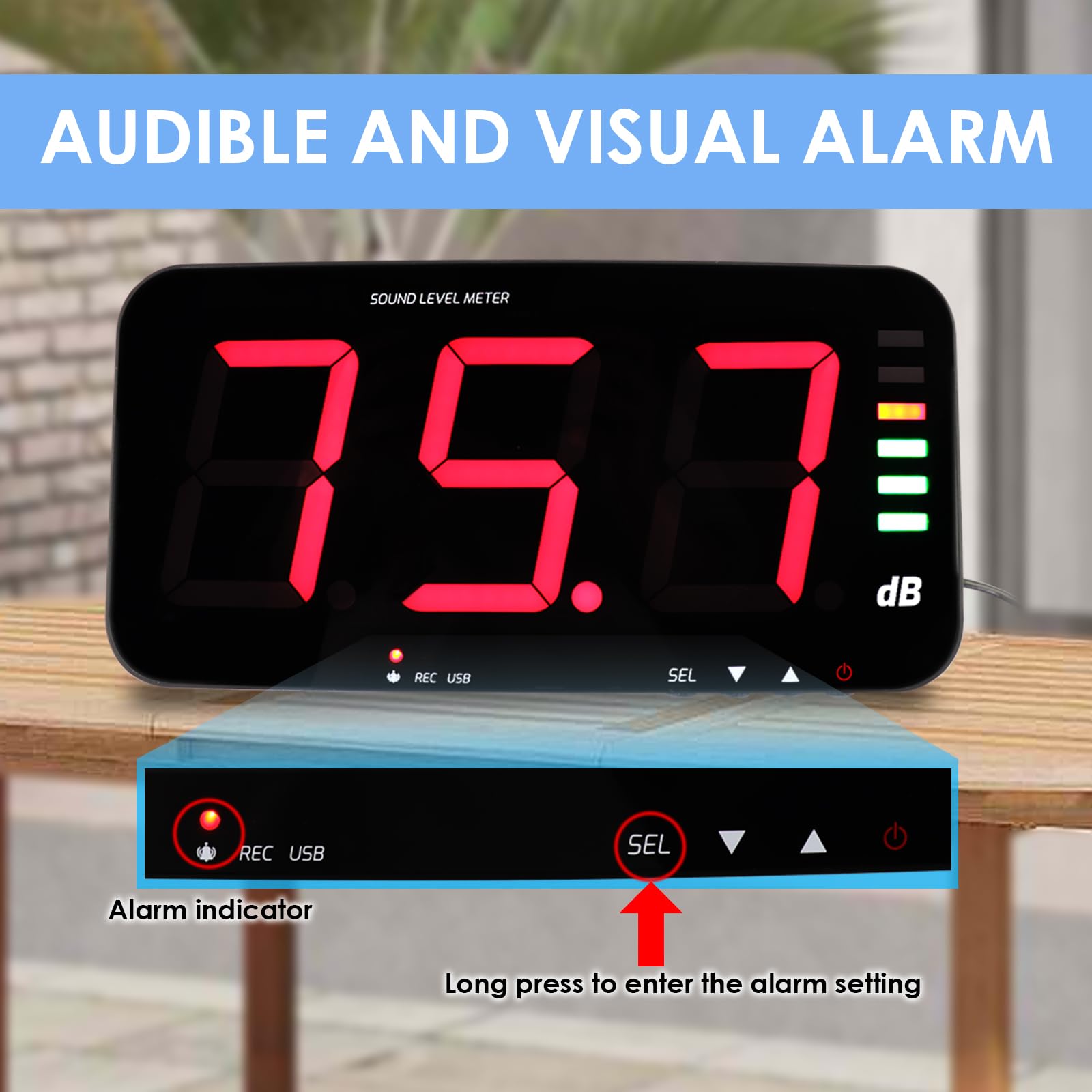 Medidor de Nivel de Sonido Digital de 30 a 130 dB, Medidor de Decibelios para Medir Ruidos, Pantalla Ancha HD de 13 Pulgadas Montada en la Pared con Función de Registro de Datos y Alarma de Ruido