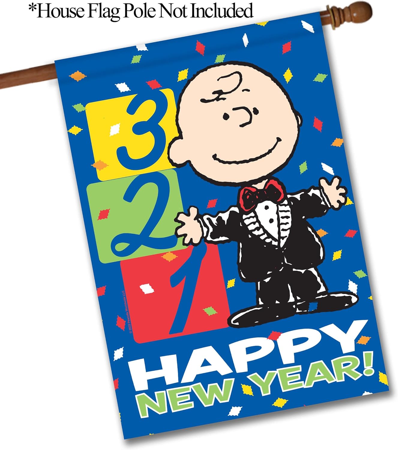 Flagology.com, PEANUTS®, PEANUTS® Happy New Year Charlie Brown – House Flag 28" x 40", Outdoor Flag, Exclusive Premium Fabric, Officially Licensed PEANUTS®, New Year's