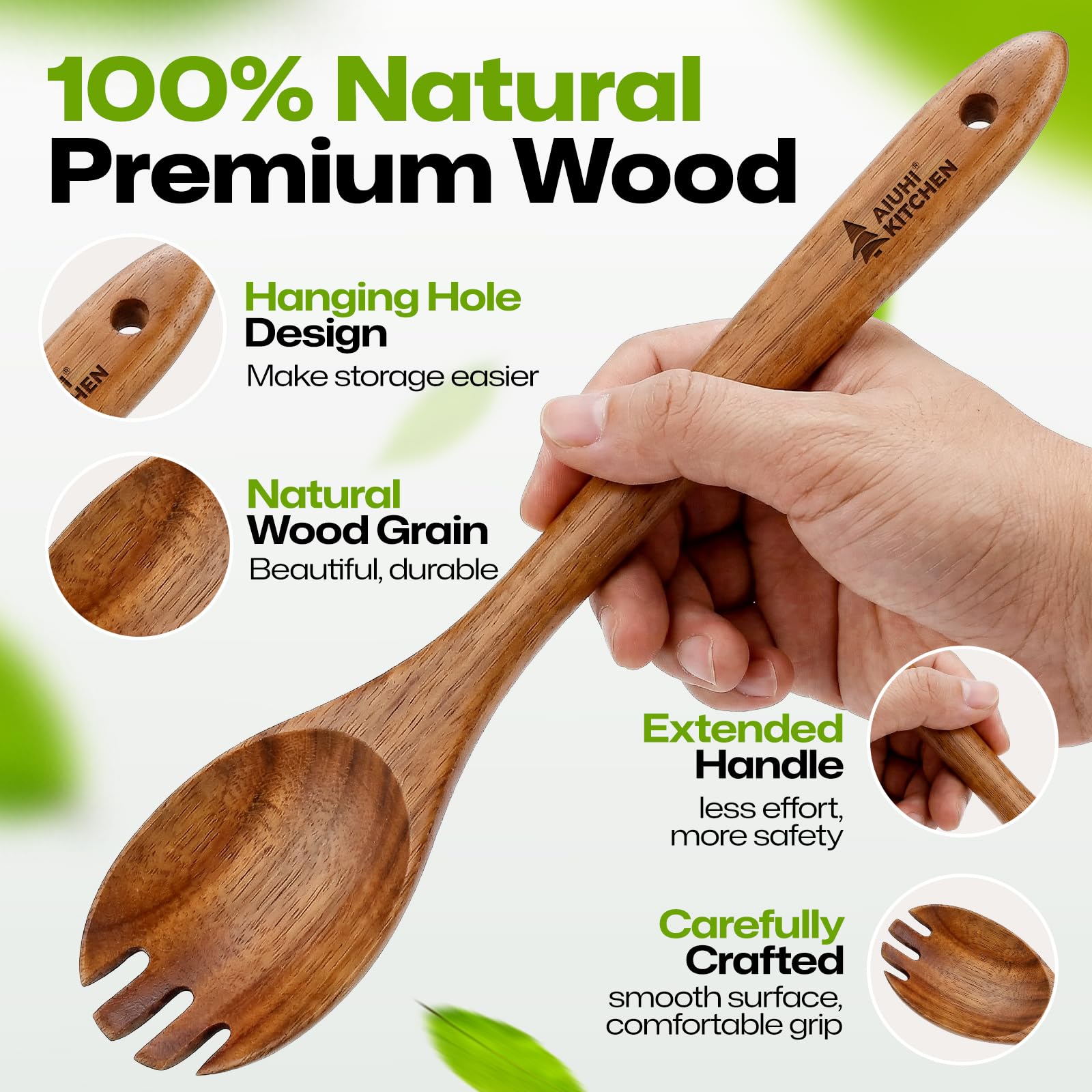 AIUHI Wooden Salad Spoon Fork - 2-in-1 Teak Utensil -5 AIUHI Wooden Salad Spoon Fork - 2-in-1 Teak Utensil -5