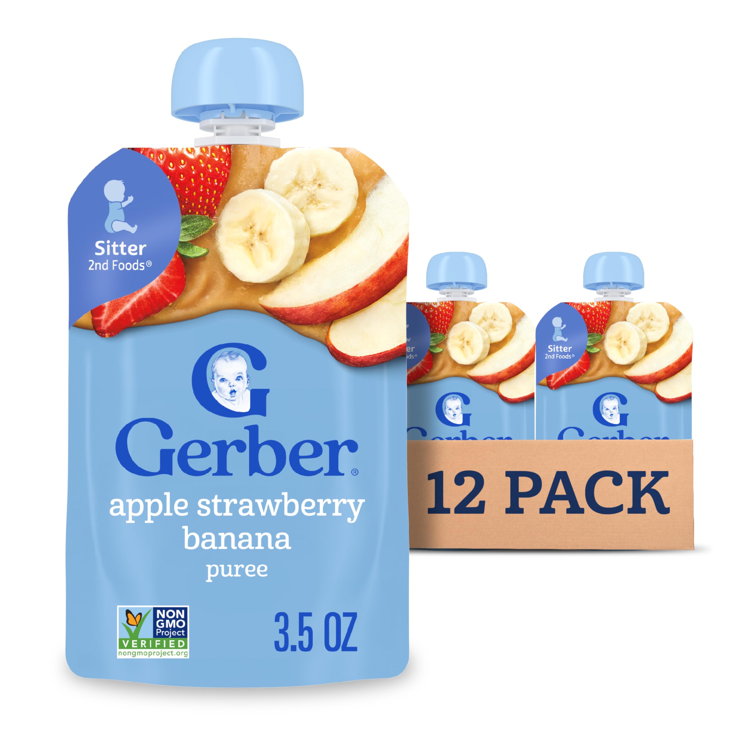 Gerber Stage 2 Baby Food, Apple Strawberry Banana Puree Pouch, 2 Servings of Fruit, No Added Sweetener, No Artificial Colors or Flavors, 12-Pack