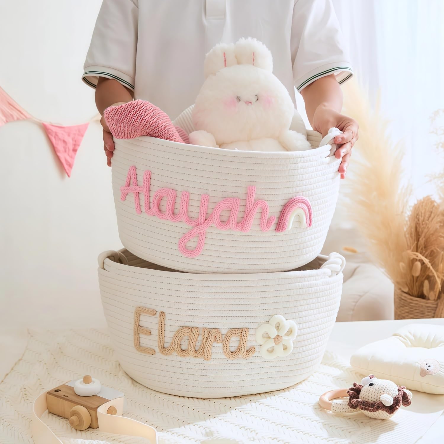 Personalised Baby Shower Gift Basket for Newborn, Custom Name Flower Pattern Woven Rope Caddy Baskets, Baby Diaper Organizer Bin for Changing Table