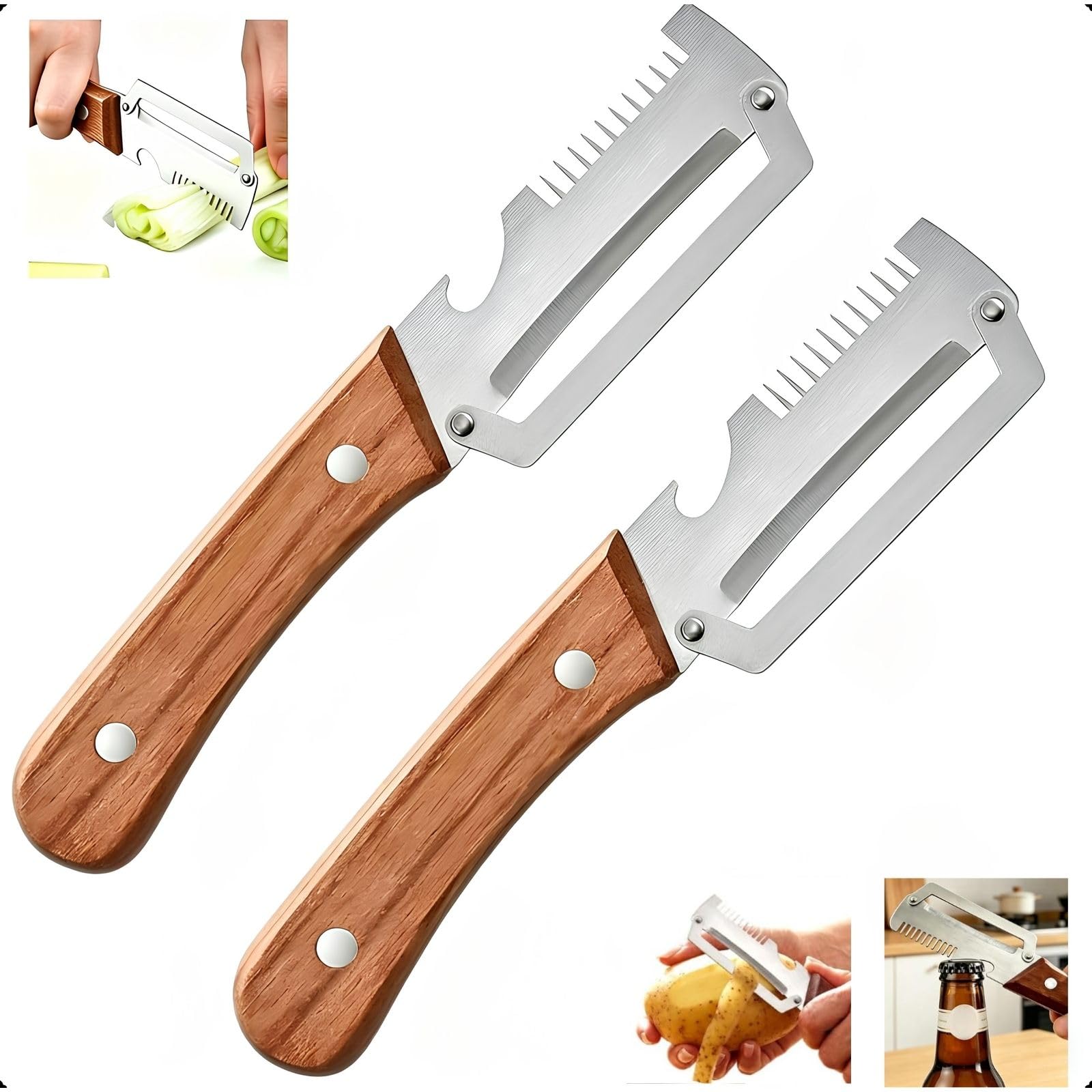 Photo 1 of 2-Pack Multifunctional Vegetable Peeler, 3 in 1 Kitchen Peeler with Wooden Handle, Grater & Bottle Opener for Potato, Carrot, Apple, Fruit & Vegetable