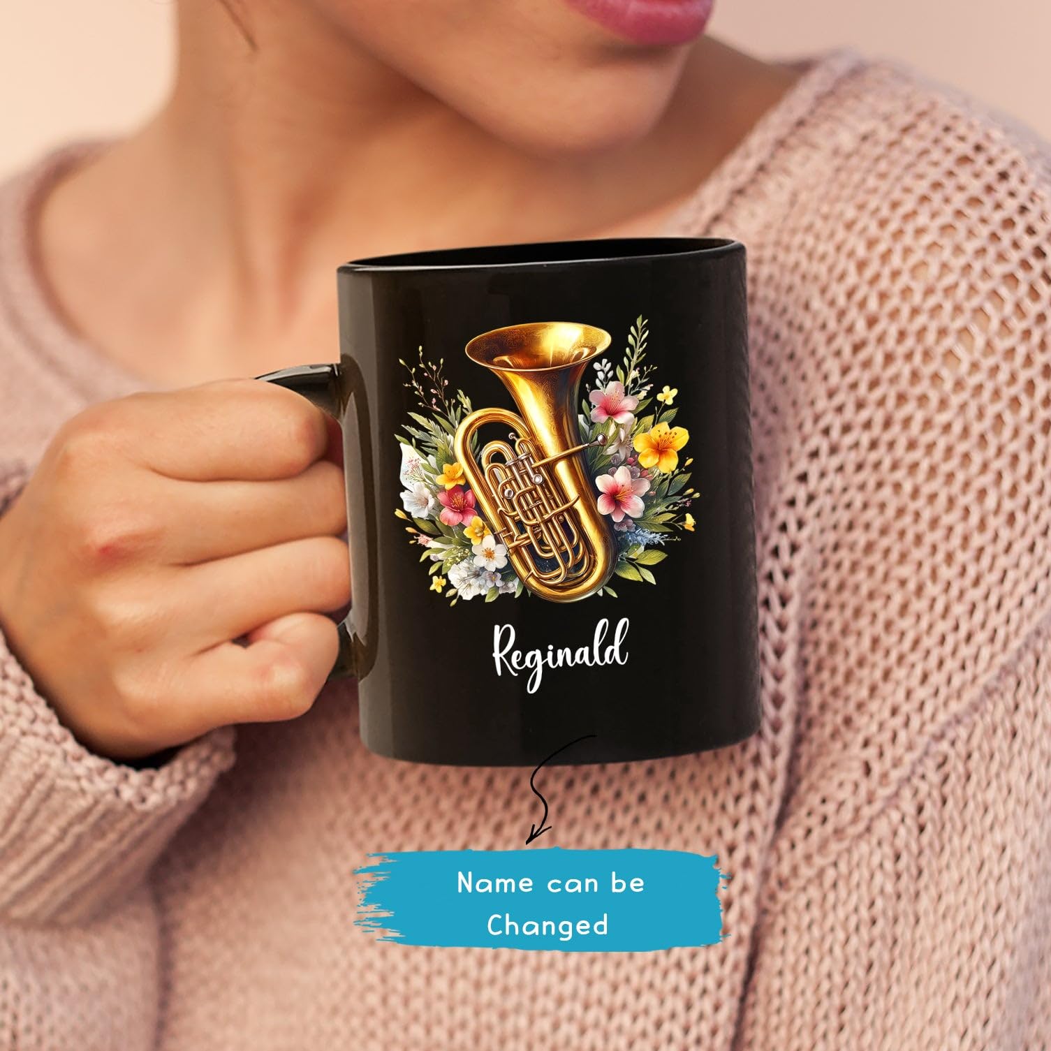 Mazoli Customized Tuba Player Cup, Tuba Musical Instrument Ceramic Cup, Novelty Tubaist Travel Cup 11oz 15oz, Tuba With Floral Mugs Gifts For Women, Personalized Name Tuba Lover Black Coffee Cup