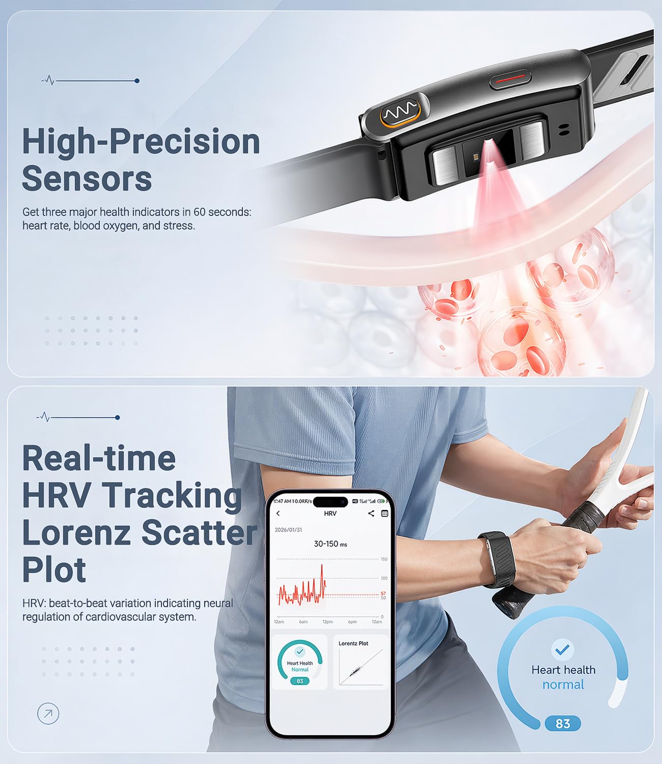 Smart Band, Fitness-Tracker mit EKG, HRV, SpO2, Schlafüberwachung, Pulsmessung, Schrittzähler Armband mit Temperaturmessung, 100+ Sportmodi, 3ATM wasserdicht, Fitness Armband kompatibel Android iOS