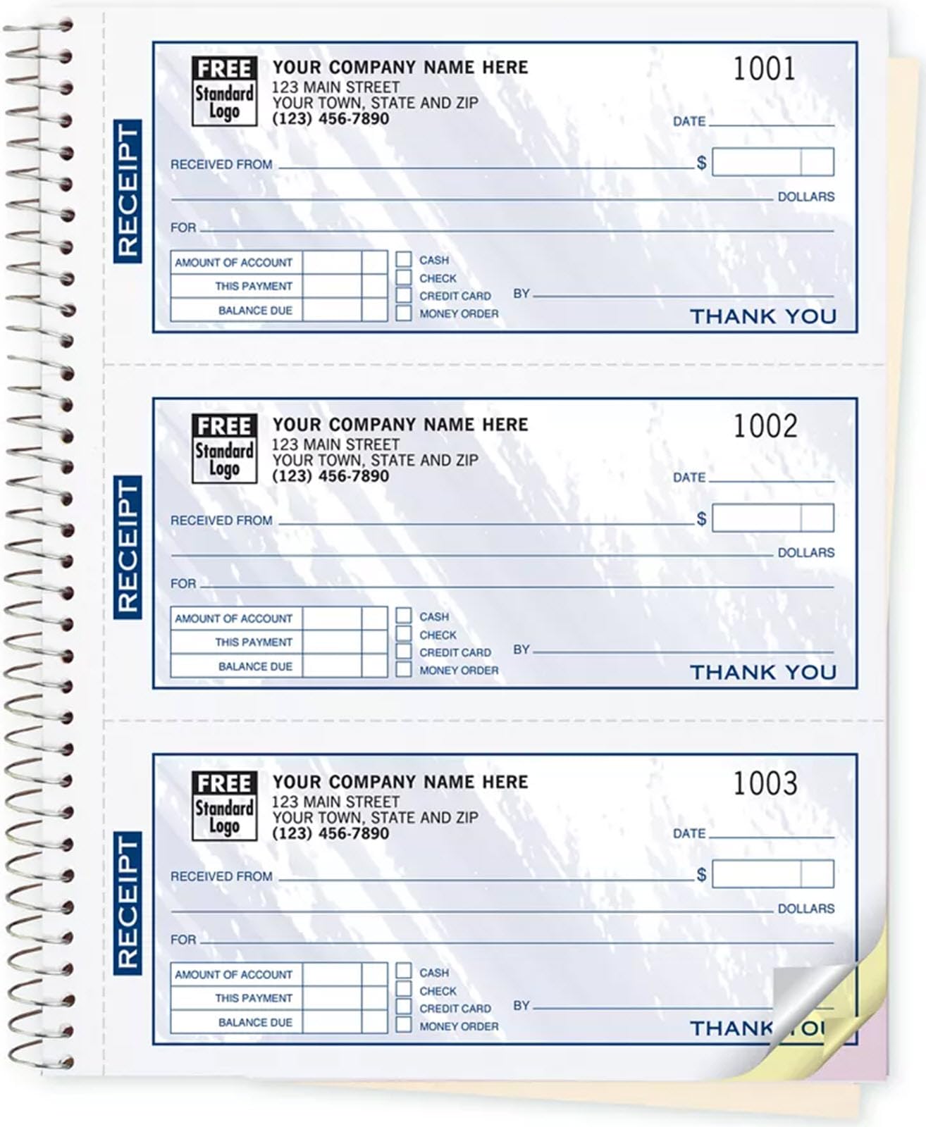 Cash Receipt Books, 3 to a Page, Wirebound, 3part (Blue), Quantity 500 Receipts