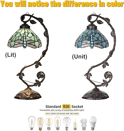 Miniatura 4 de TL0024 Lámpara estilo Tiffany con diseño de libélula azul mar, pantalla de vitral y diseño de vid para dormitorio, sala de estar, 10 pulgadas de