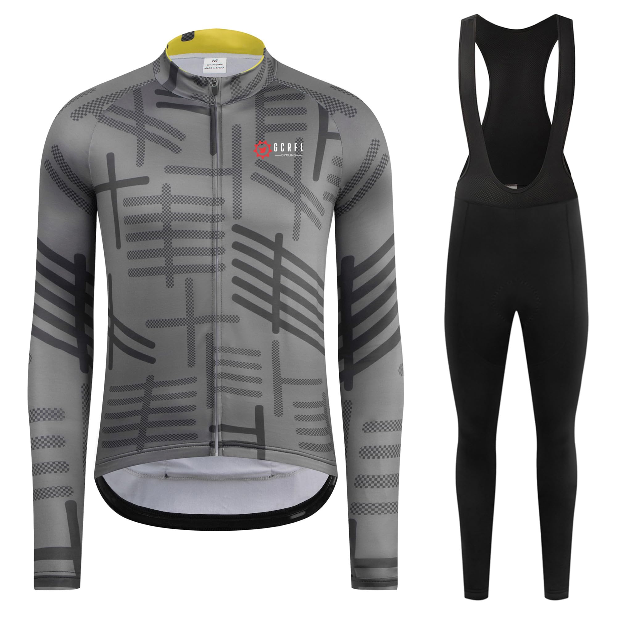 GCRFL Winter Cycling Jersey Sets Thermal Fleece Bike Jersey + Bib Pants, Long Sleeve Cycling Clothing Sets for Man