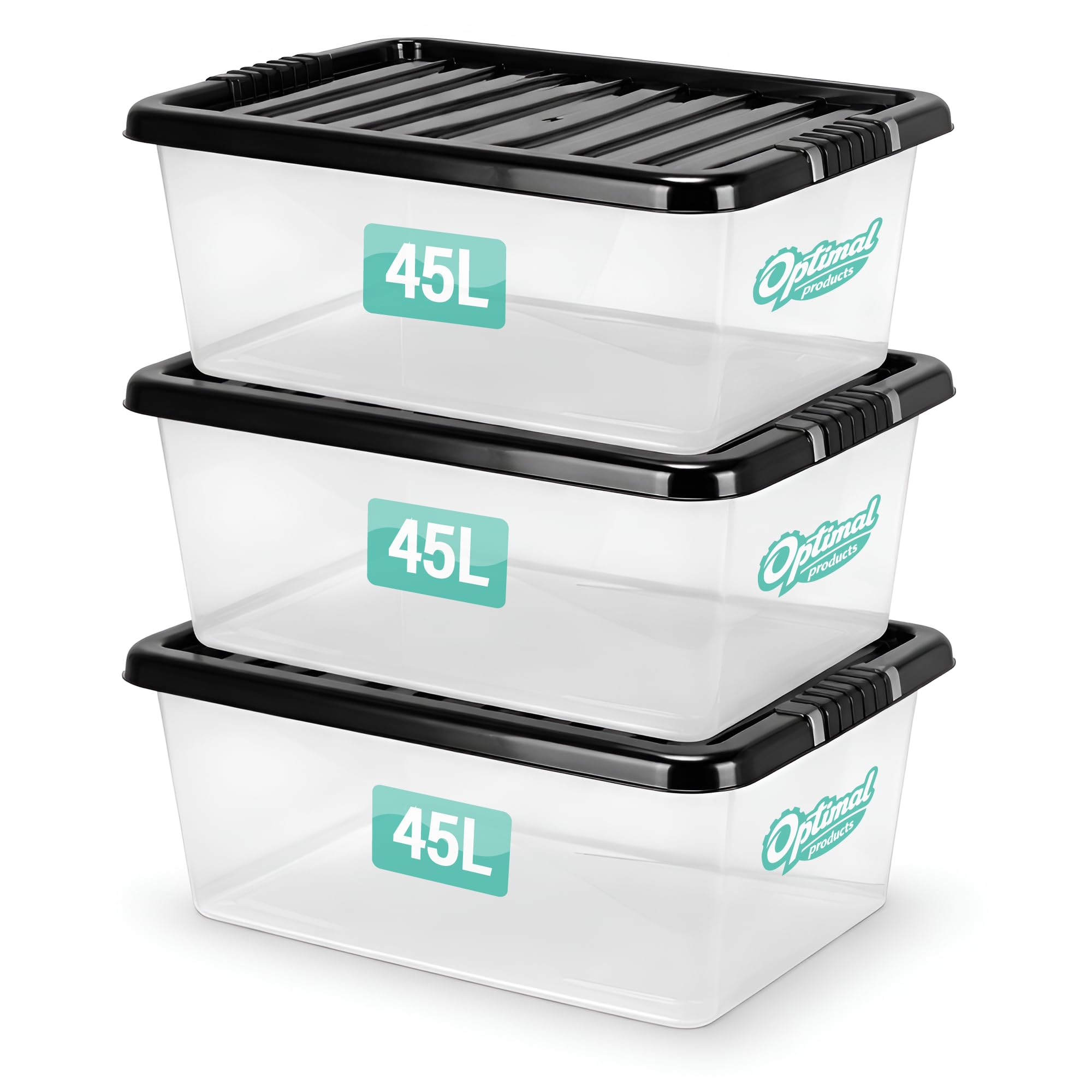 3 x 45 Litre Plastic Storage Boxes with Lids Set of 3, Clear Multipurpose Nestable Stackable Storage Box 45L Clear Containers Boxes For Home, Kitchen, Office, Garage, Accessories Uses