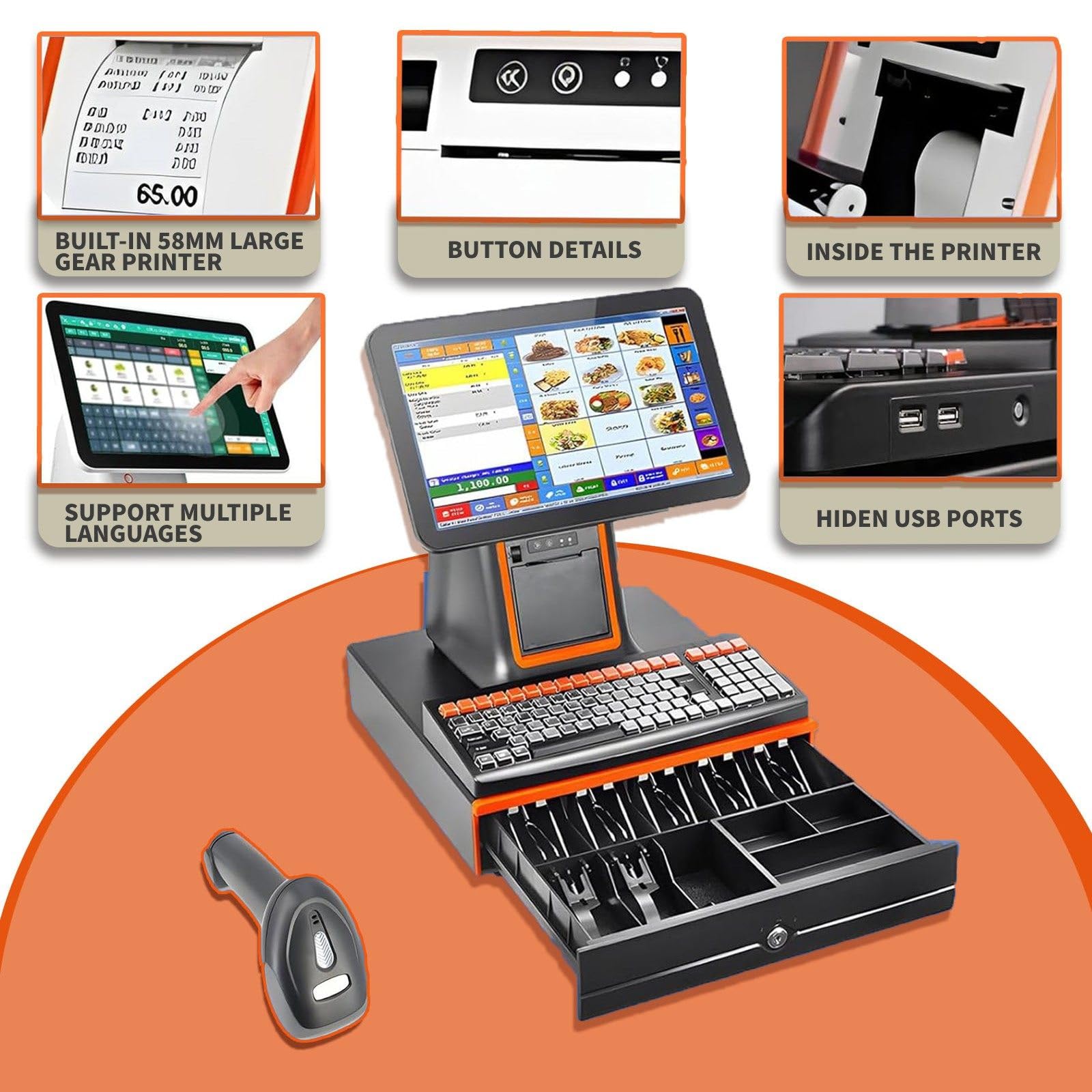 Caja Registradora Tpv Todo En Uno con Pantalla Táctil, para Comercios Y Restaurantes | Caja Registradora Inteligente Todo En Uno con Impresora Tpv E Inalámbrica, Windows Tpv Black-Addcashbox