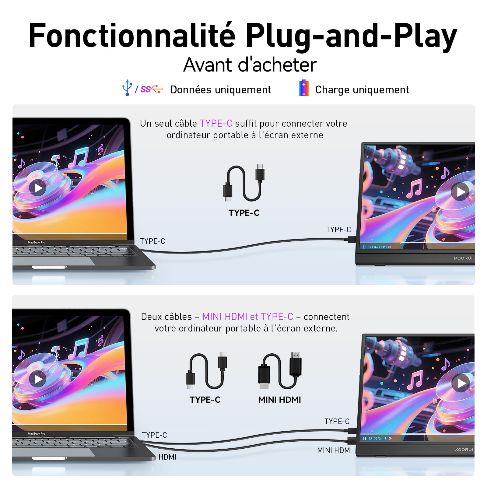 KOORUI Ecran Portable 15,6" IPS FHD HDMI USB Type C Haut-parleurs Intégrés