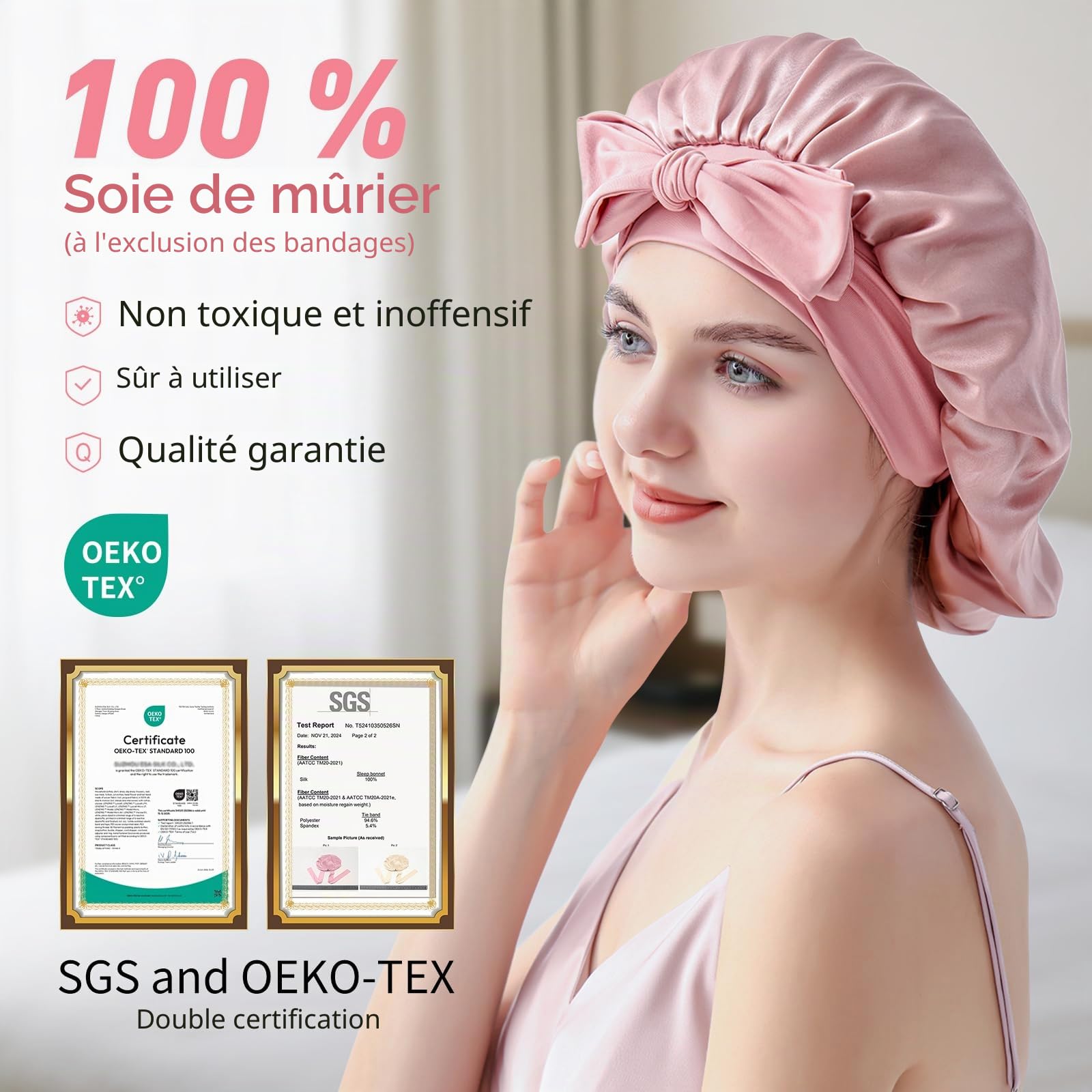 bonnet soie cheveux nuit, 22 Momme double couche silk bonnet, 100% soie de mûrier, doux et confortable, utilisable des deux côtés, convient à tous les types de cheveux - Rose
