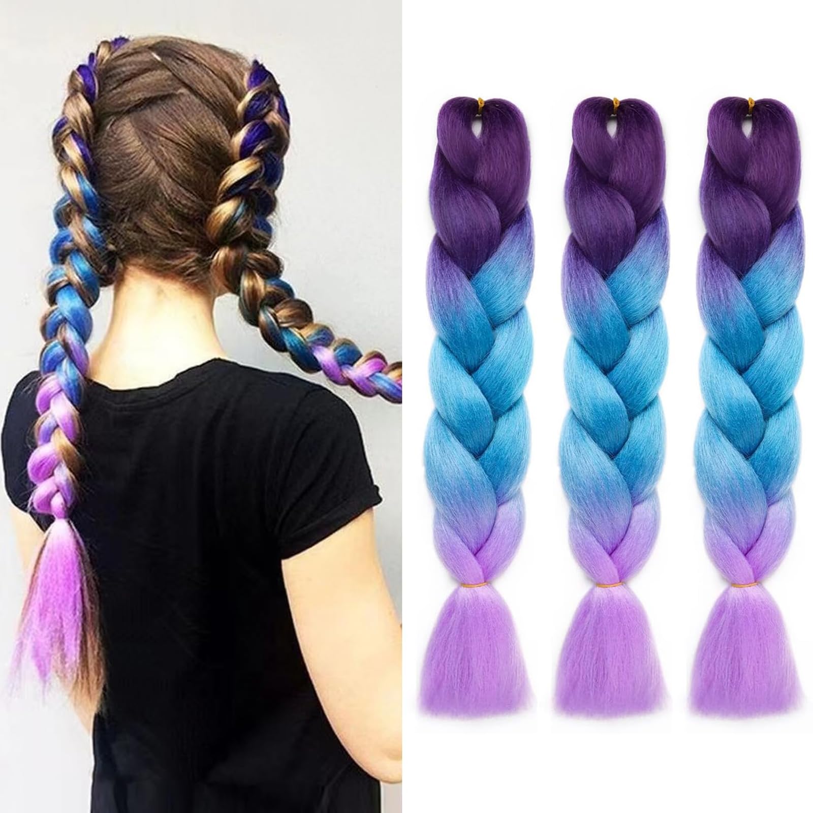 Tazweeq 3 Pack Jumbo Braiding Hair, Ombre Braiding Hair, 24Inch Purple Braiding Hair Synthetic Hair, Braiding Hair Synthetic Hair Extensions Ombre Twist Braids Hair
