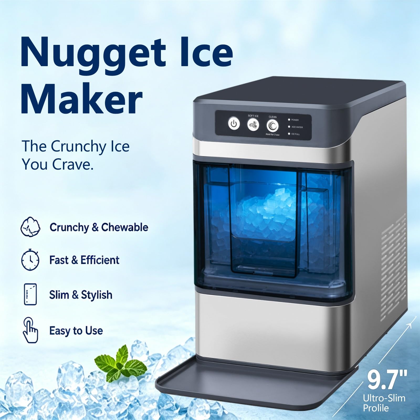 Fabbricatore di Ghiaccio Nugget per Cucina, Ghiaccio Croccante in 6 Min, 15kg al Giorno, Auto-Pulente, Piccola Macchina per Camper e Ufficio, Finitura Inox Elegante