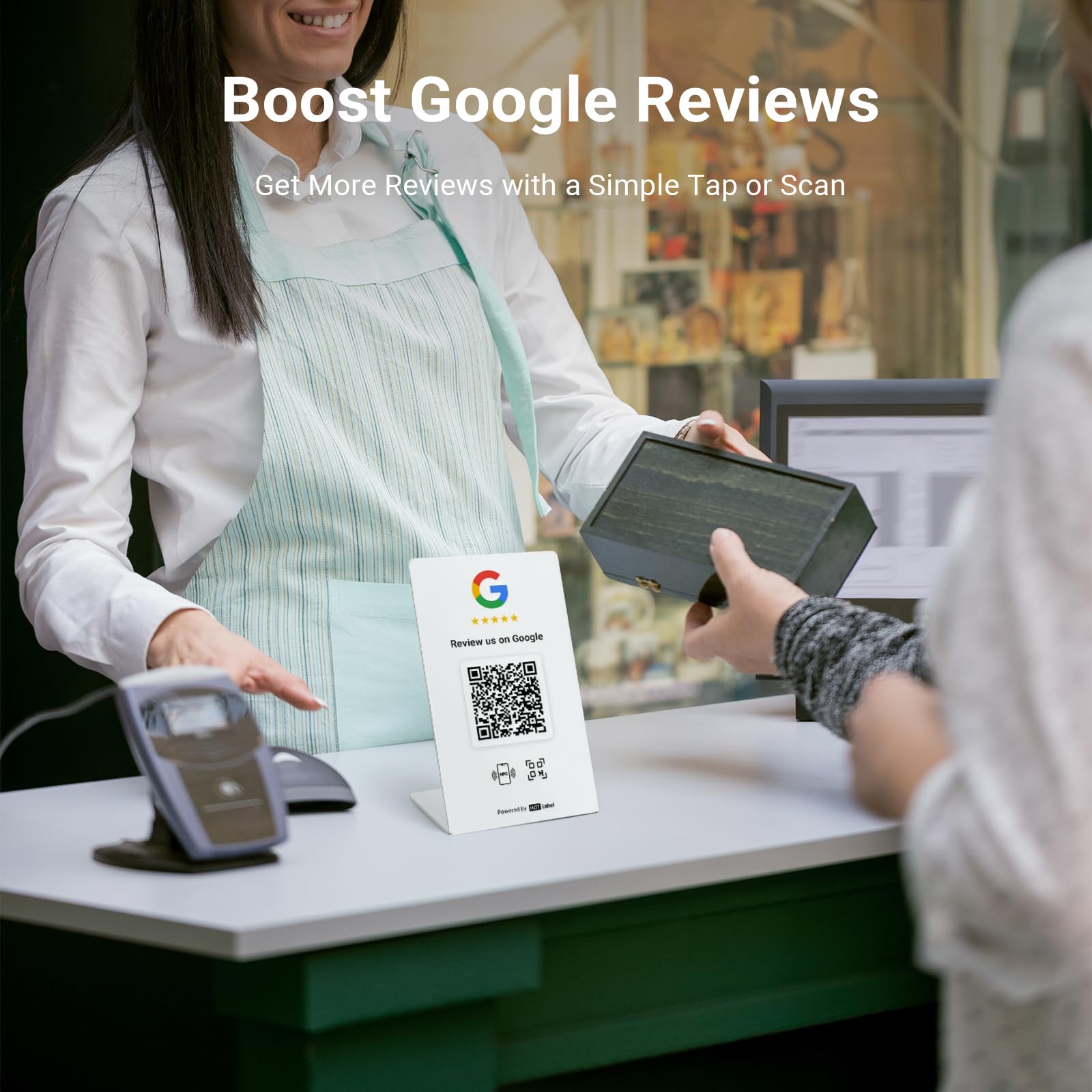 HotLabel Review Stand 1-Pack + Bonus Review Tap Card 1-Pack - White - NFC Tap & QR Code - For Business Review - Supports 2 Different Stores or Same - No App/Subscription