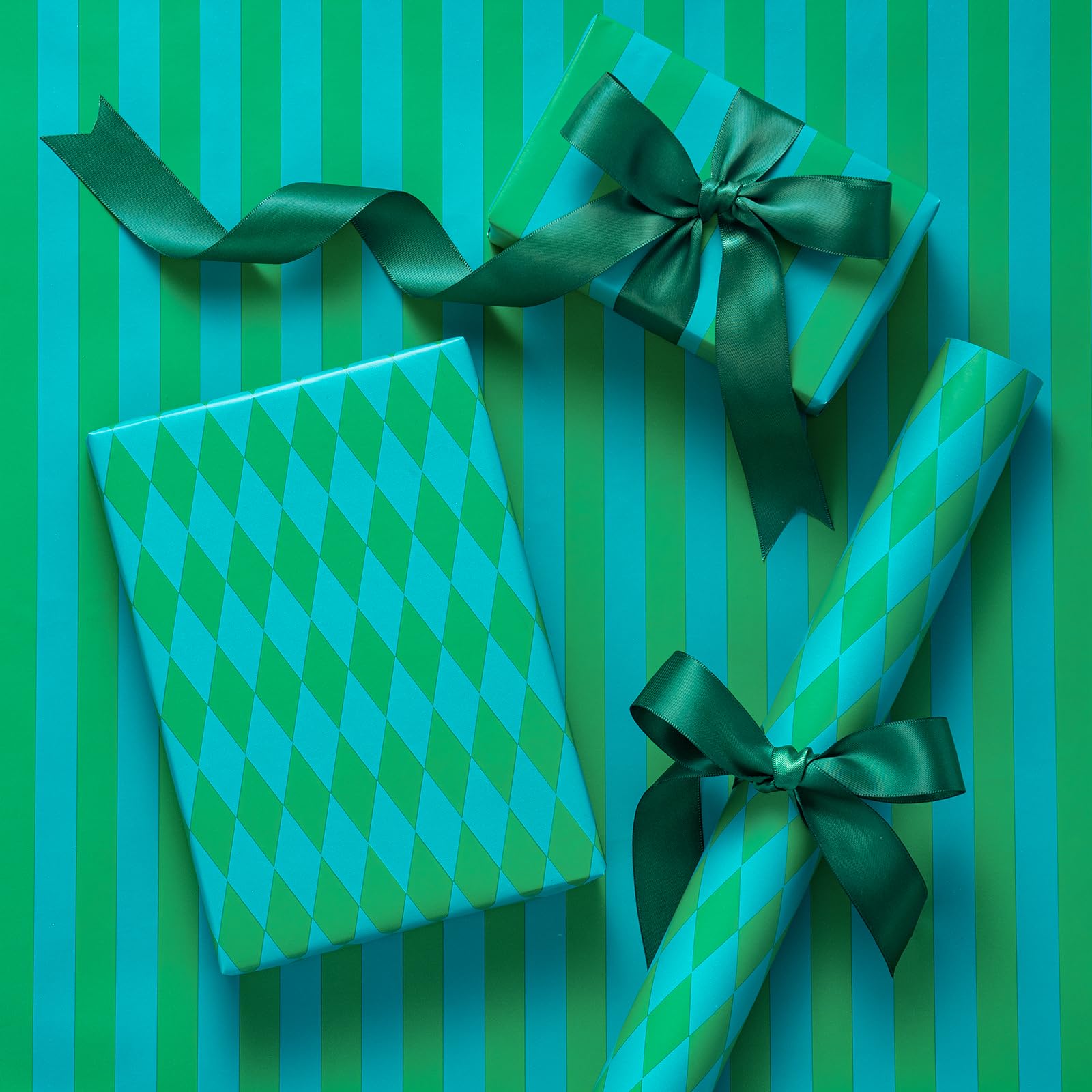 RUSPEPA Reversible Wrapping Paper Roll (43.2cm x 5m) - Green & Light Blue Stripes & Diamond Pattern, Gift Wrap for Boys Girls, Christmas Party Merry Market — image 1