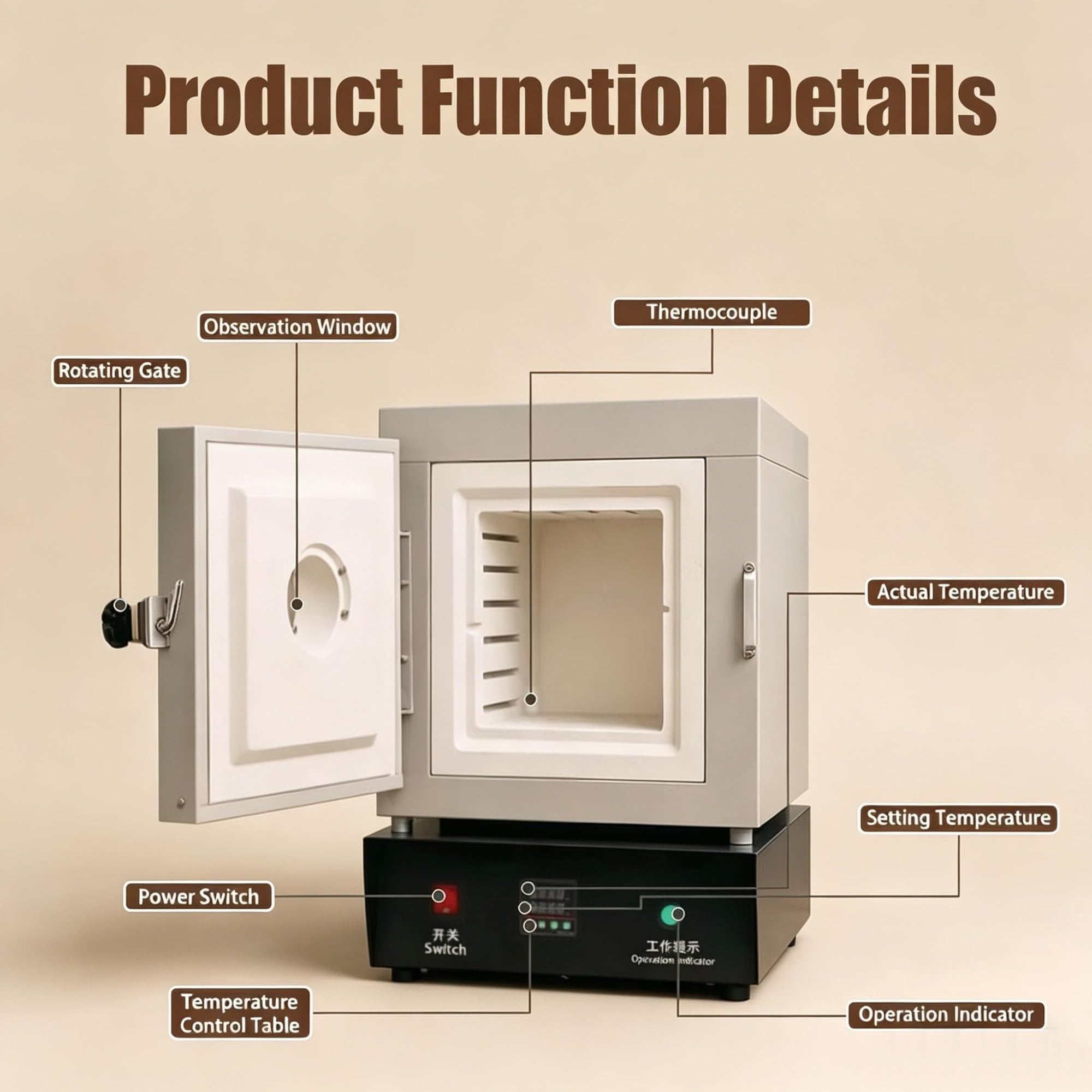 Forno Per Ceramica Professionale 1500W, Temperatura Regolabile 1150°C, Riscaldamento Tri-Zona, Finestra Di Osservazione, Sensore Integrato, Schermo LCD, Raffreddamento Ad Aria, Per Forno Ceramica