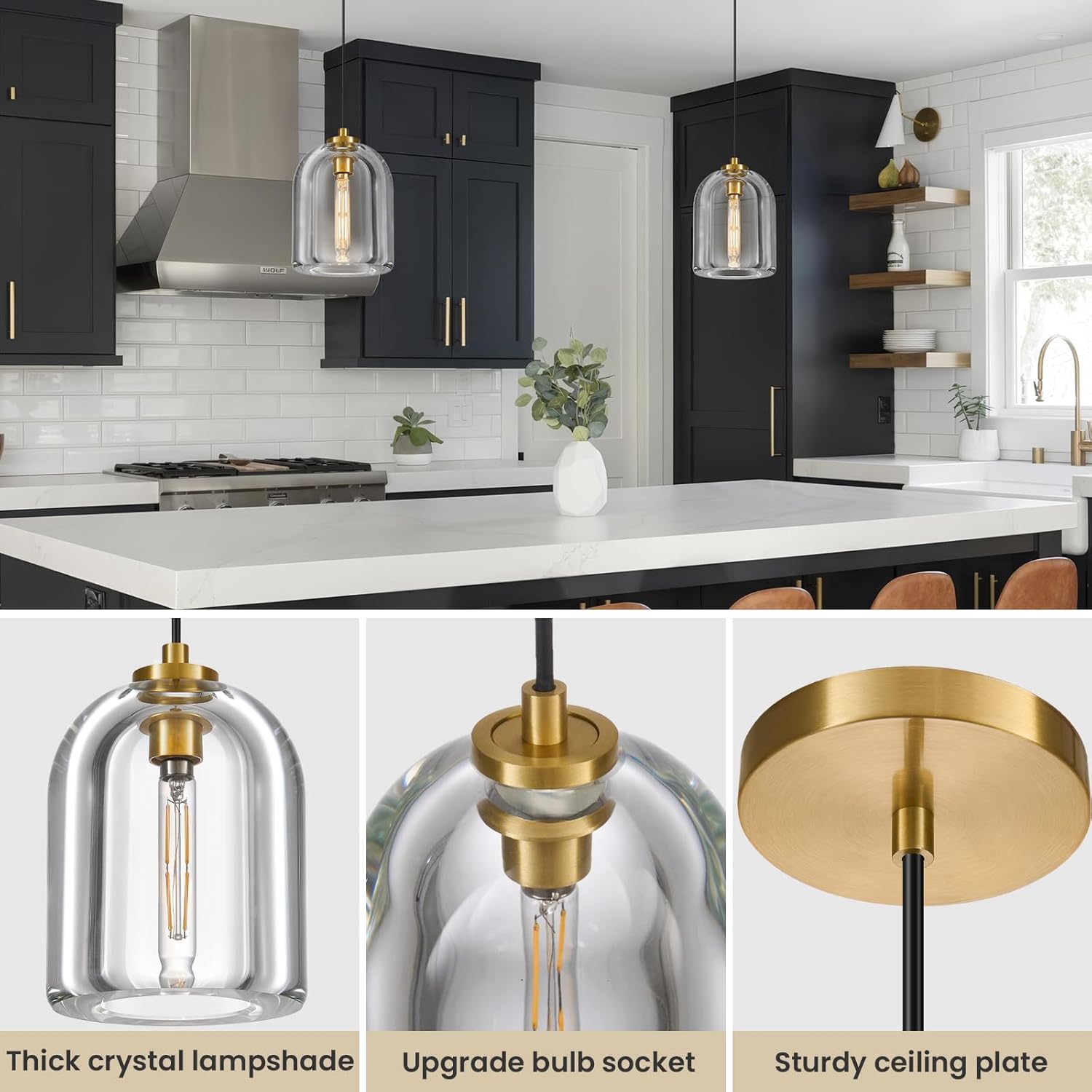 Crystal Pendant Light Kitchen Island: 5.1" Vintage Brass Hanging Lights above Dining Table - Modern K9 Crystals Lighting over Kitchen Sink - Luxury Gold Cylinder Pendants Light Fixtures Bulbs Included