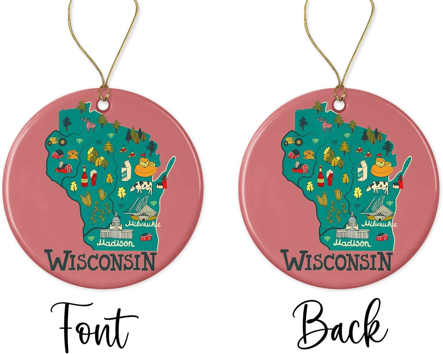 PTDShops Wisconsin State Ornament, State USA Ornament, Travel Souvenir Collection USA, America Christmas 2023, Xmas Tree Hanging Decorations, USA State Souvenir Ceramic Ornament Printed on Both Sides - Image 2