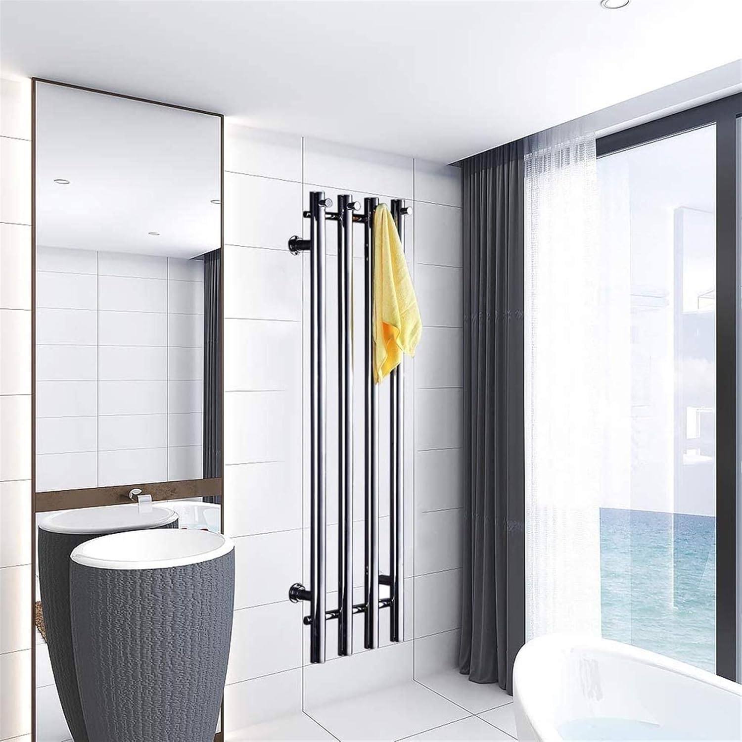 Bathroom Wall Heater Electric Heated Towel Rail, Wall Mounted 304 Stainless Steel 4 Bars Vertical Heated Towel Warmer Rail Robe Holder Rack Bathroom Accessories 90W (37.4 X 10.1 X 4.2 Inch),Plugin