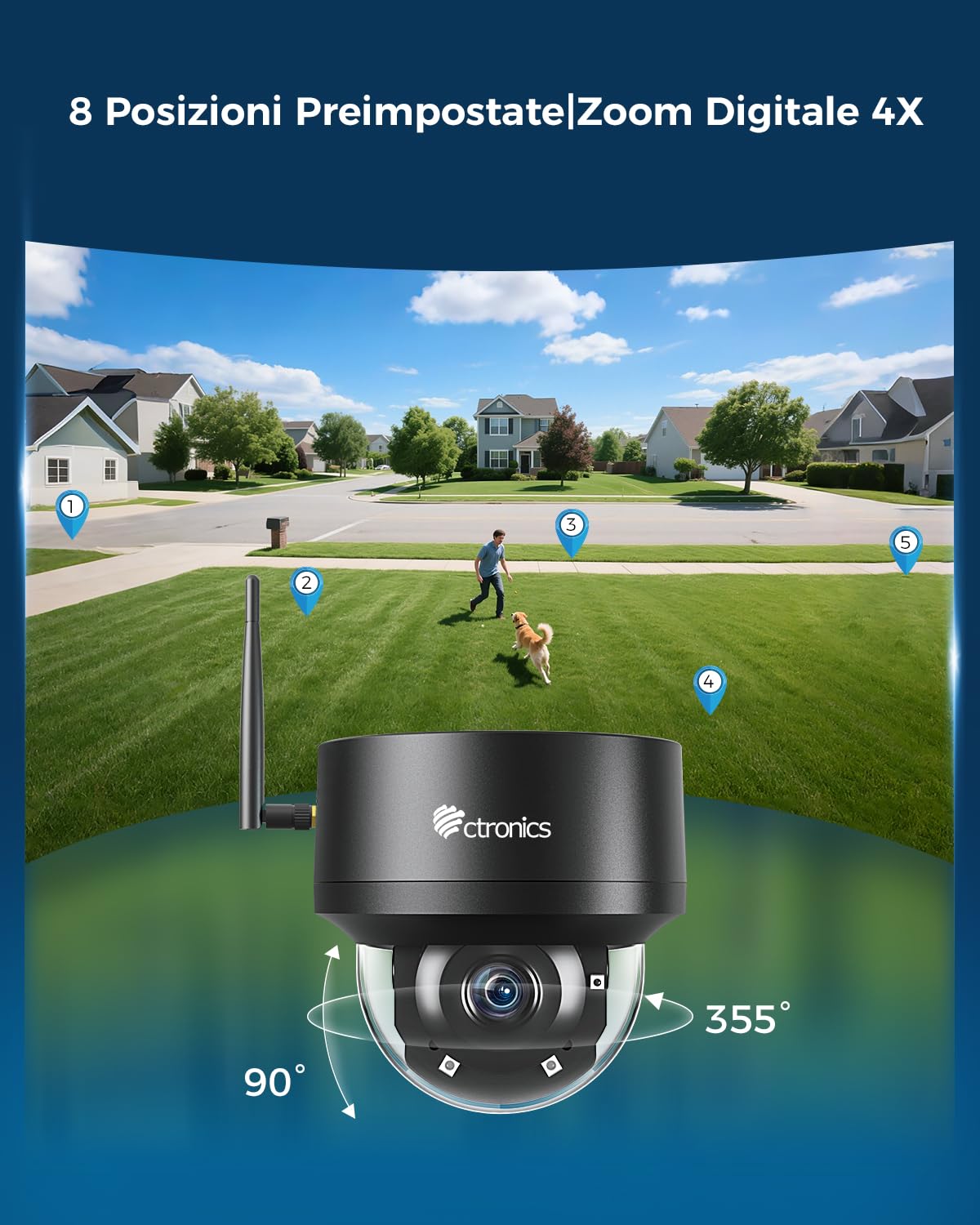 Ctronics 4K 8MP PTZ Telecamera WiFi Esterno 2,4/5Ghz, Carta TF 64G Inclusa | IP Videocamera Sorveglianza Esterno, Rilevamento Persone/Veicoli/Animali, Auto-Tracking, UHD Visione Notturna IR