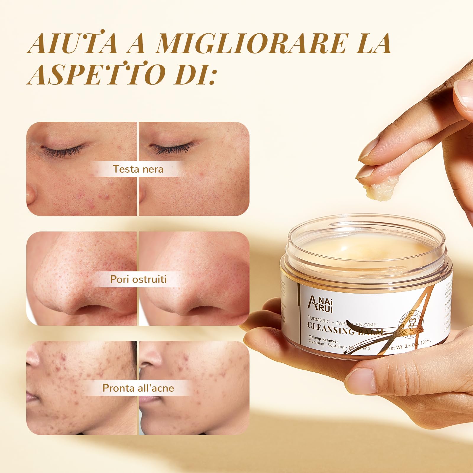 ANAiRUi Balsamo detergente con papaya di curcuma, struccante per la pulizia del viso, peeling, riduzione delle macchie scure, acne, pelle liscia, detergente per la pelle, 3,5 OZ