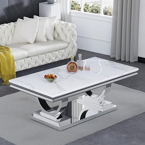 Miniatura 2 de Mesa auxiliar moderna de mármol, rectangular blanca y plateada con base de acero inoxidable en forma de U con acabado espejo plateado para sala de