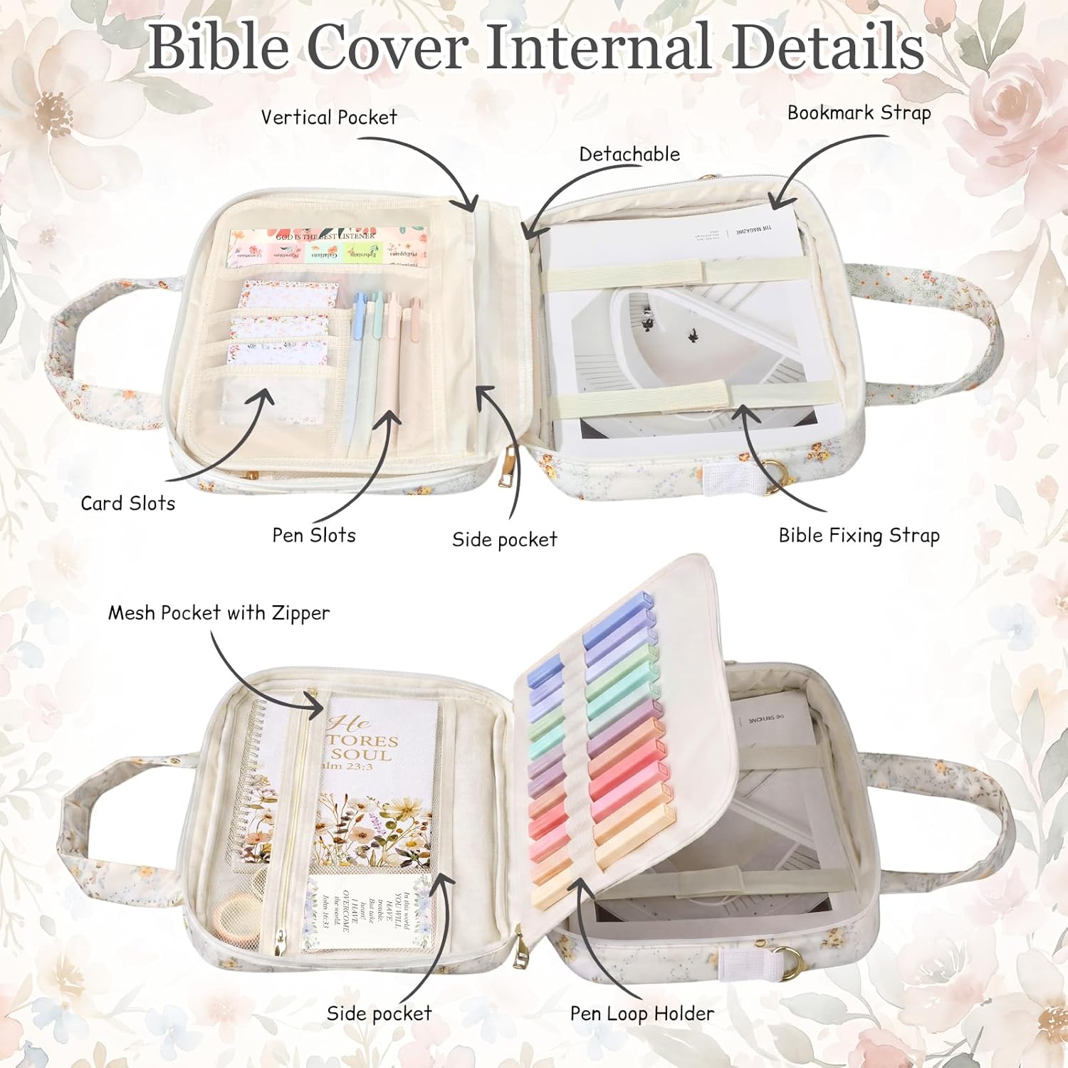 Capoda Bible Cover Case for Women, Bible Tote Bibles Study Supplies with Notebook Highlighters Ballpoint Pen Sticky Notes Scripture Card for Mother's Day Christian Gifts Women Mom Girls(Flower,Orange)