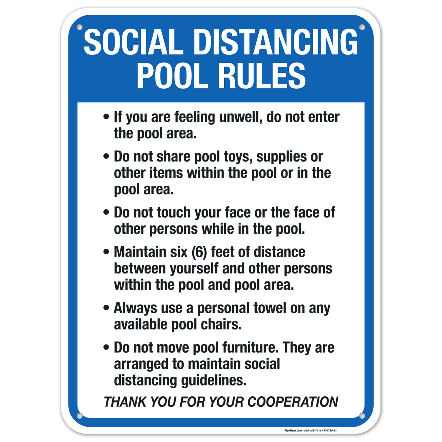 Social Distancing Pool Rules Sign, Pool Sign, 18x24 Inches, 55 mil Thick HDPS (high Density polystyrene), Made in USA by Sigo Signs