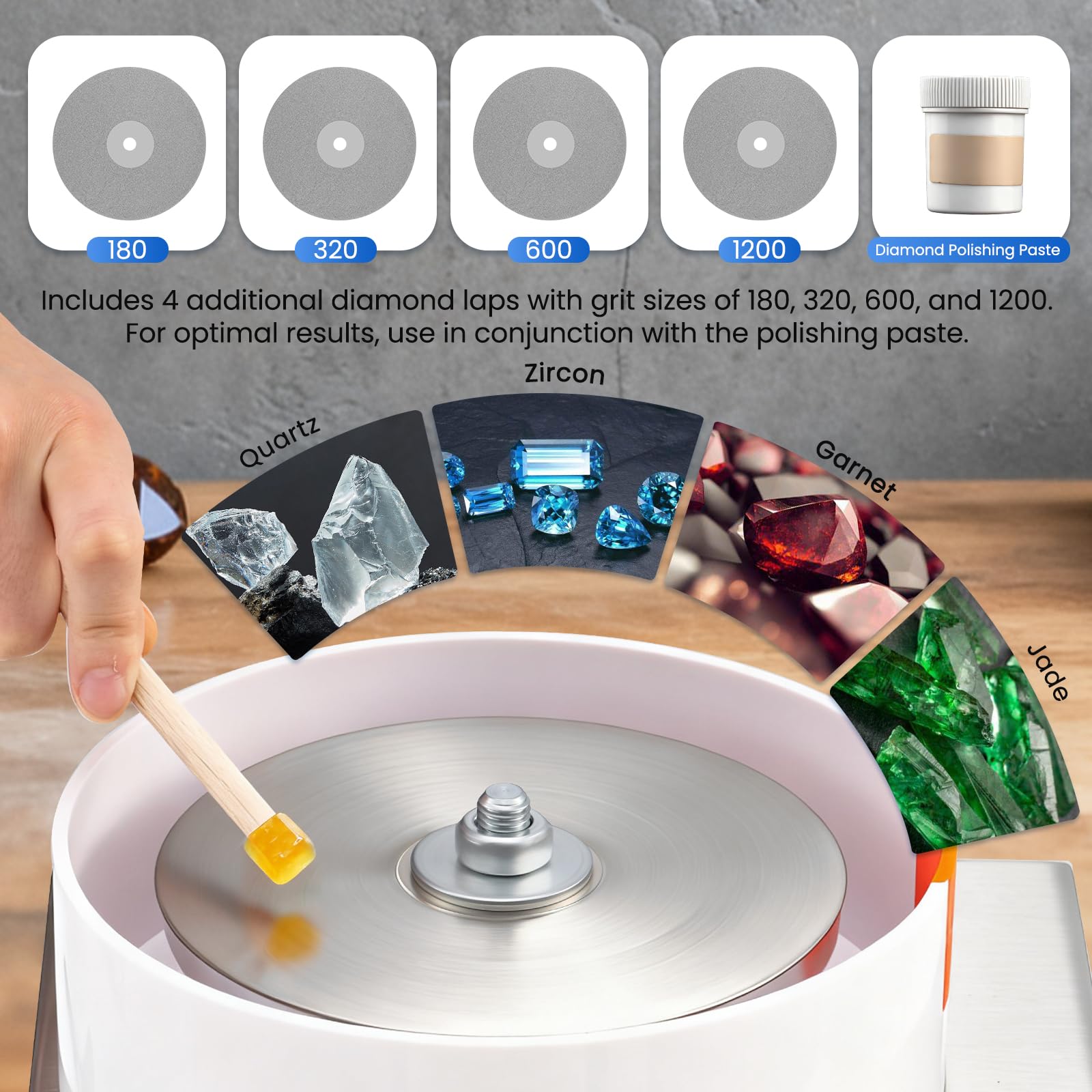 Mxmoonant 6-Zoll-Flachschleifmaschine 2980 U/min mit 5 Schleifscheiben, einstellbare Richtung und Geschwindigkeit, ideal für Edelsteine