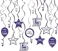 Vista 94 de Serpentinas de remolinos de cumpleaños feliz de 16 años con purpurina azul y plateada - Kit de 15 piezas de remolinos colgantes para el kit