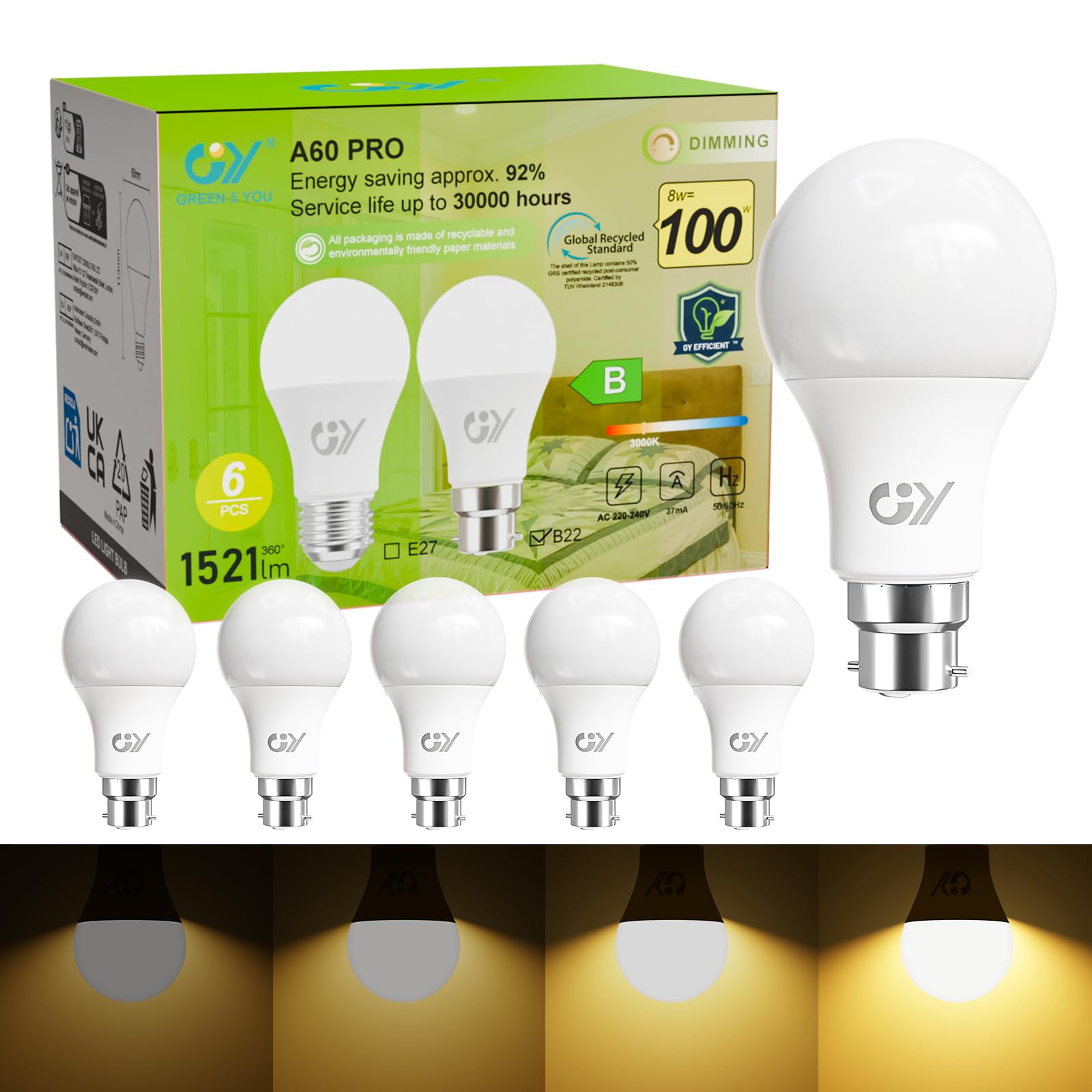 GY B22 Dimmable LED Bulb, Warm White 8W 3000K 1521 lumens High Energy Efficient, Equivalent to 100W, Dimmable Energy-Saving Bulbs, 6-Pack