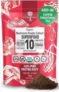 USDA Organic 10 Mushroom Supplement Powder, 14,000mg High Potency - 60g