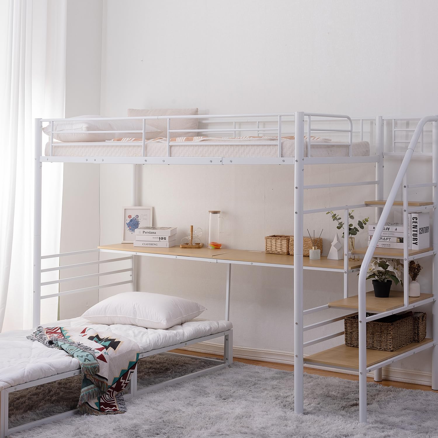 【新品】ロフトベッド 階段付き パイプベッド シングル コンセント付き 収納 Amazon｜ロフトベッド シングル コンセント付き 階段付き パイプベッド