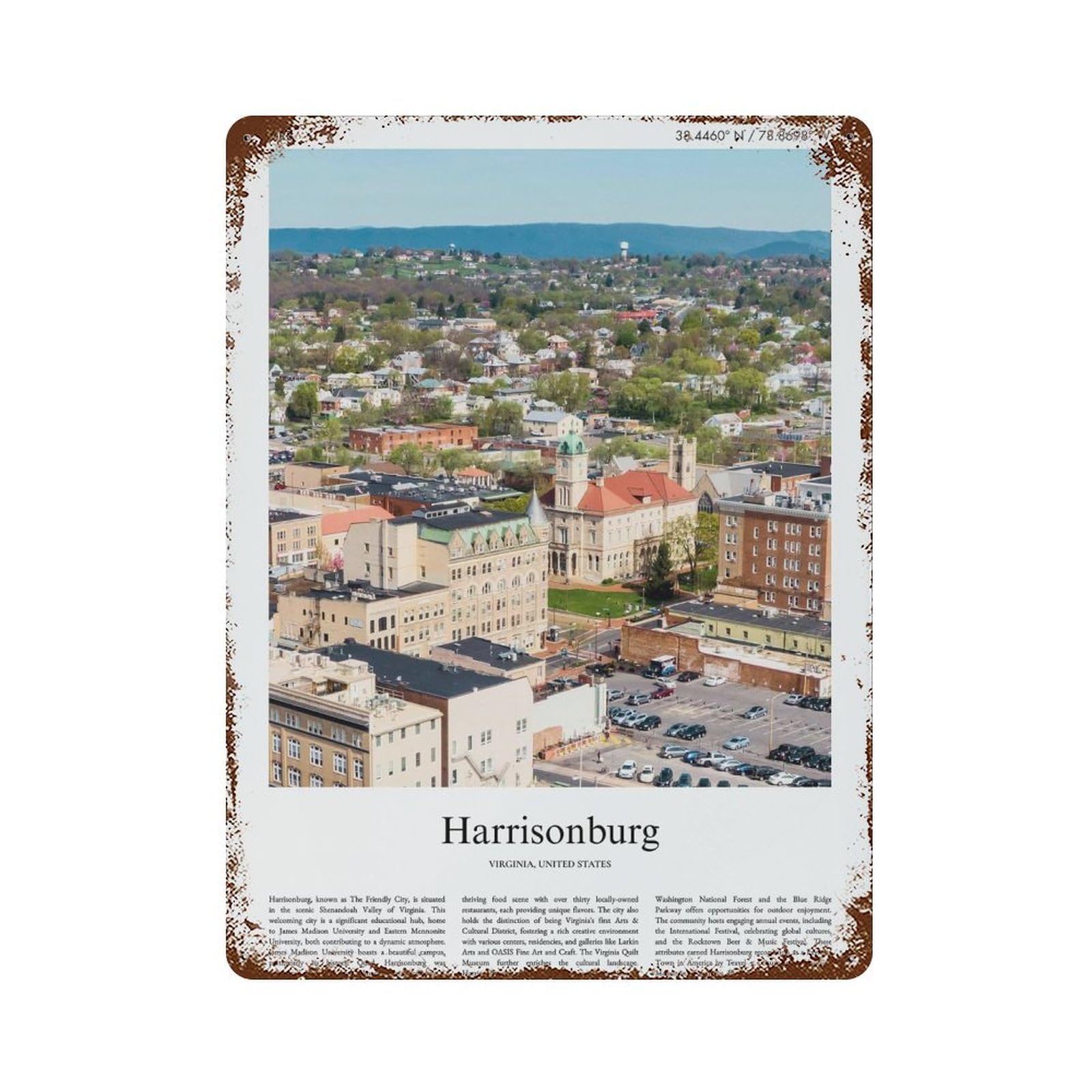 xiaoxiaoshen Harrisonburg Virginia, United States, USA City Scenery Wall Decor Art Metal Tin Poster Modern Home Decor Art Home Bar Shop Decorations Vintage Sign 40x30cm