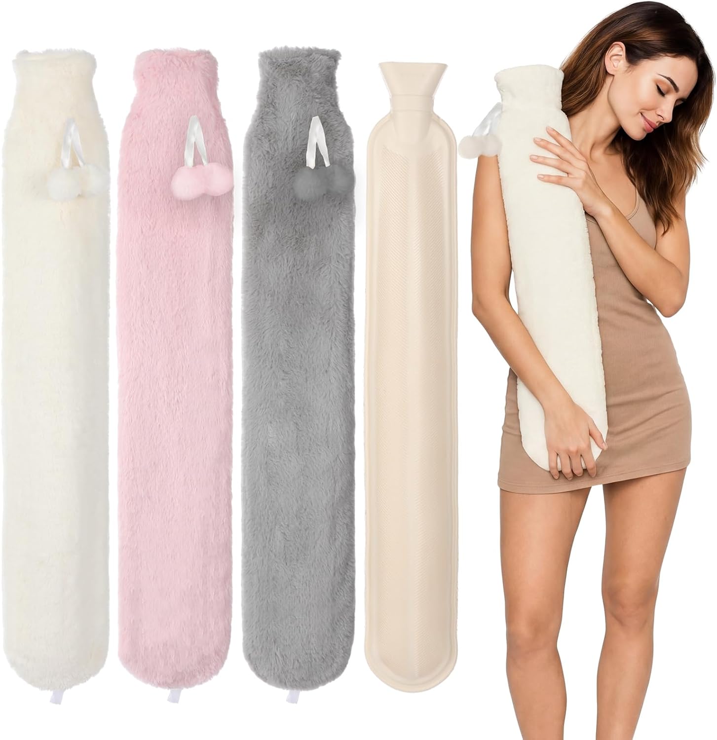 Tuanse 3 Pcs Long Hot Water Bottle with Cover 70 Fl Oz(2 Liter) Rubber Hot Water Bag for Pain Relief for Women Girl Seniors