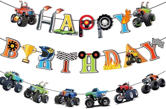 Pre-Assembled Monsters Trucks Birthday Banner for Monster Trucks Birthday Decorations Truck Off-road Vehicles Theme Party Supplies Monster Cars Party Banner Bunting Garlands for Car Partys Decoration