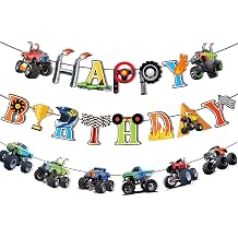 Pre-Assembled Monsters Trucks Birthday Banner for Monster Trucks Birthday Decorations Truck Off-road Vehicles Theme Party Supplies Monster Cars Party Banner Bunting Garlands for Car Partys Decoration