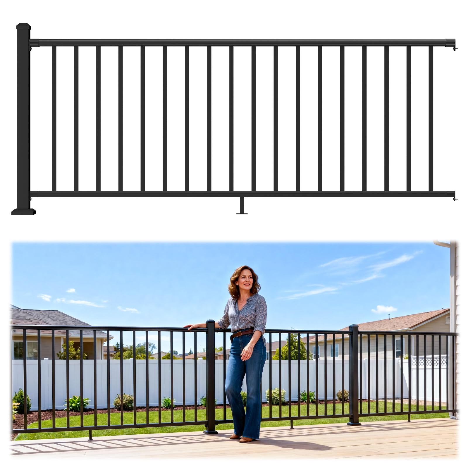 Photo 1 of Egadis 36 in. H x 7 ft. W Porch and Deck Railing Kit, Aluminum Railing Kit, Black Textured AAMA 2604 Powder-Coat Finish Modular Rail System for Outdoor Decks, Porches & Balconies (1 Post, 1 Panel)