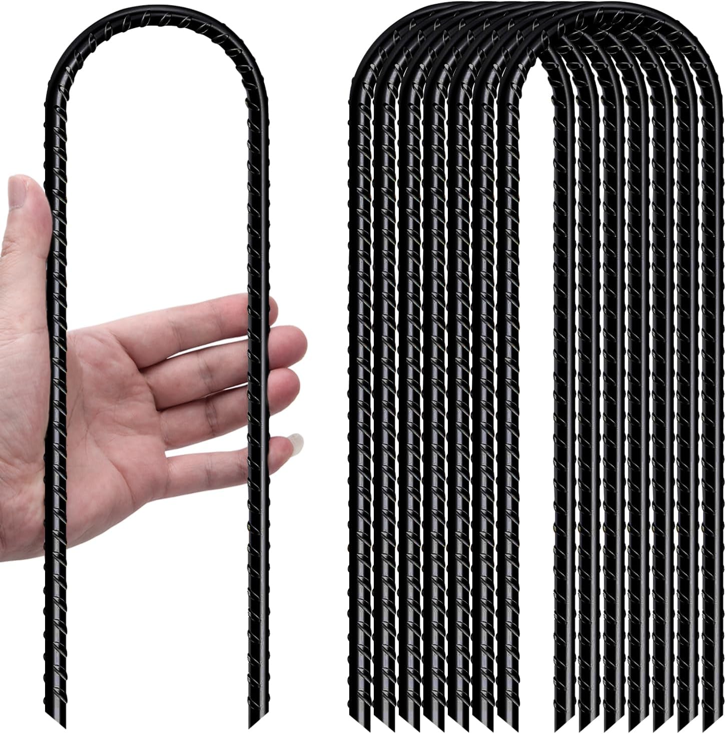 YYGFMINGE 12 Inch U-Shaped Heavy Duty Rebar Stakes (8 Pack Black) - Galvanized Steel Trampoline Anchors for High Winds, Tents & Gear