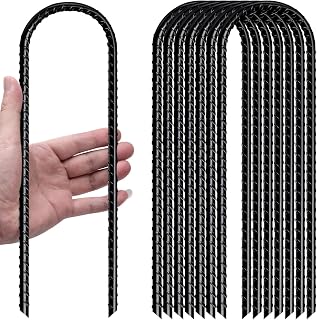 YYGFMINGE 12 Inch U-Shaped Heavy Duty Rebar Stakes (8 Pack Black) - Galvanized Steel Trampoline Anchors for High Winds, Tents & Gear