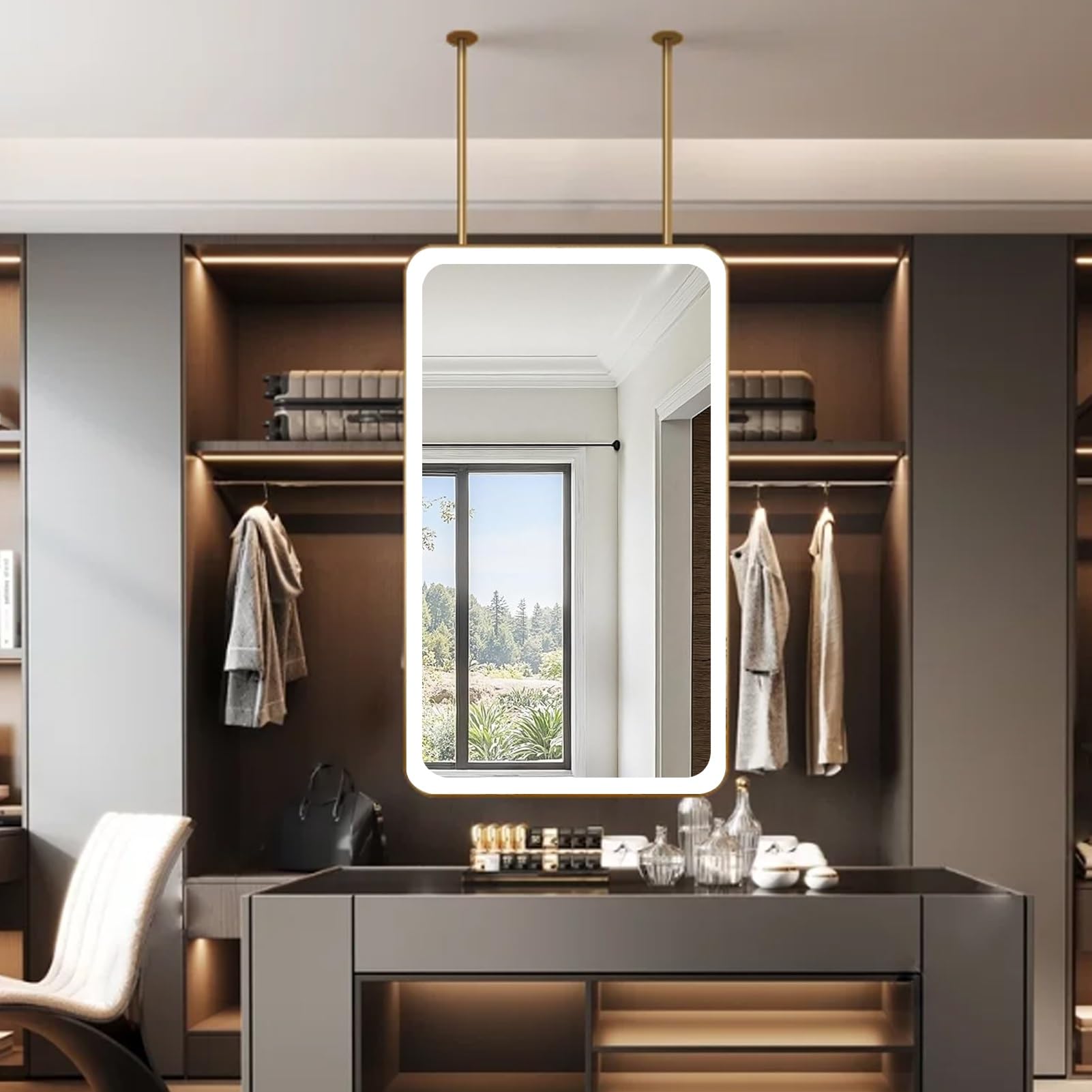 FGXHHS Rounded Rectangle LED Lights，Ceiling Hanging Suspended Mirrors Floating Vanity with Double Boom，Wall Mounted Illuminated Mirrors，Gold(40cmx60cm)
