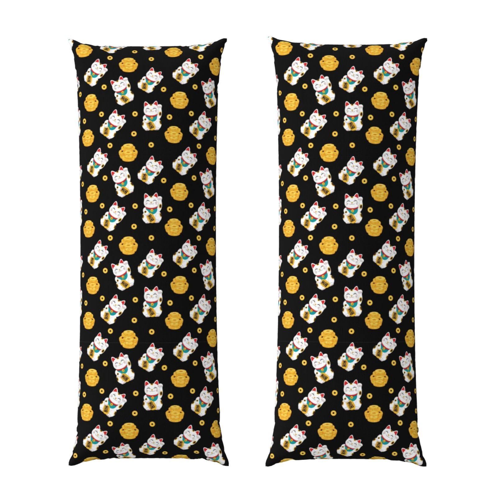 Body Pillowcase 20x54, Japanese Lucky Cat Kitten Cats Black, Plush Velvet Pillow Cover with Zipper, Cozyffy Rectangular Cushion Case for Couch Bed Home Hotel